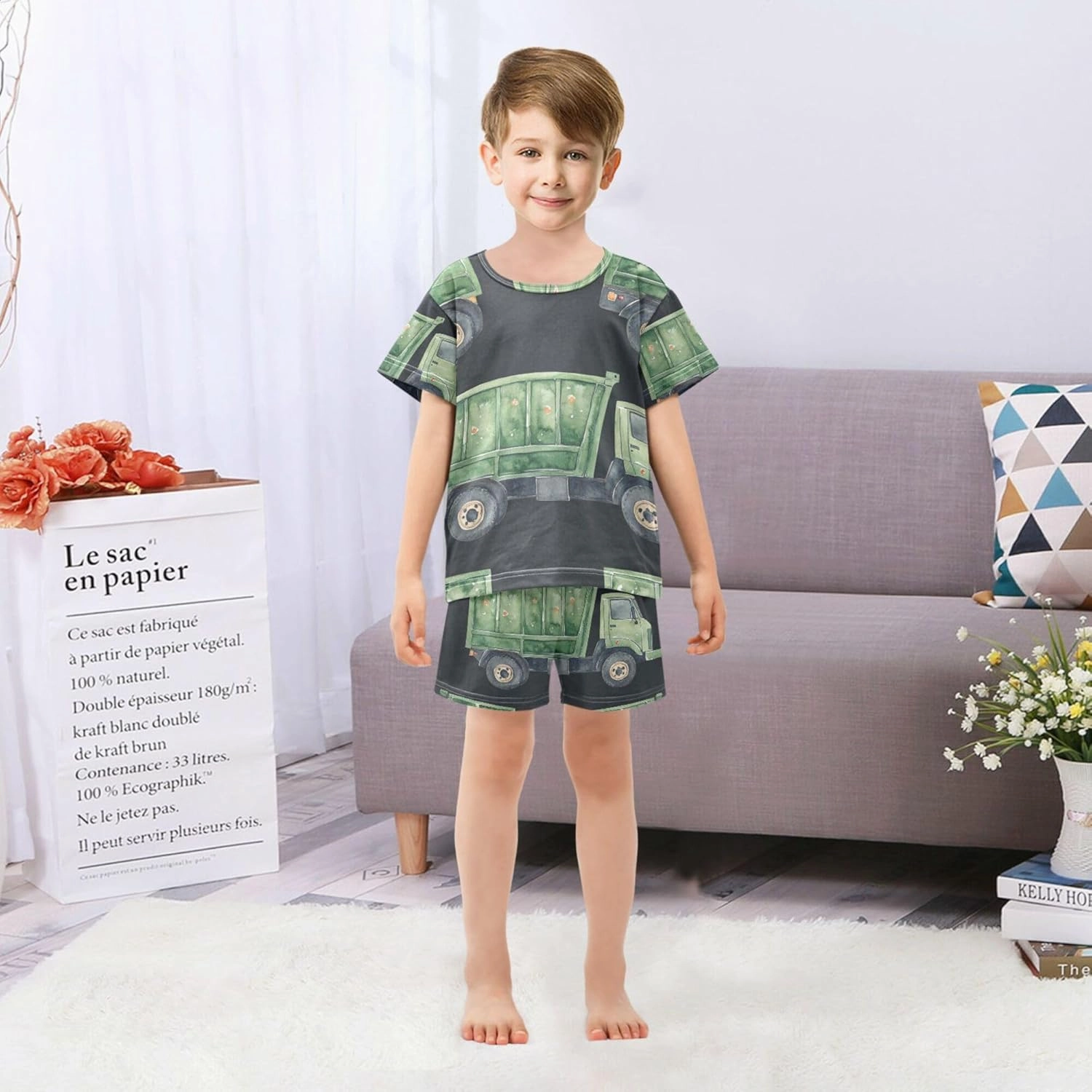 Watercolor Green Garbage Truck Pajamas Short Set 2 Piece Summer Sleepwear