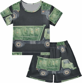 Watercolor Green Garbage Truck Pajamas Short Set 2 Piece Summer Sleepwear