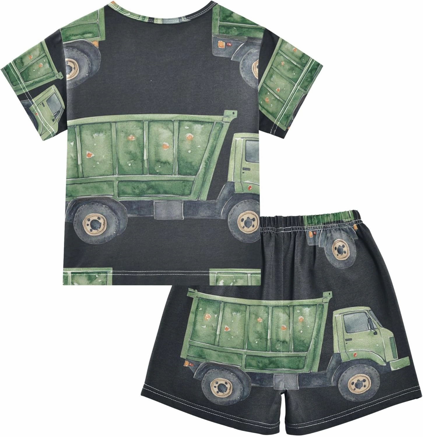Watercolor Green Garbage Truck Pajamas Short Set 2 Piece Summer Sleepwear