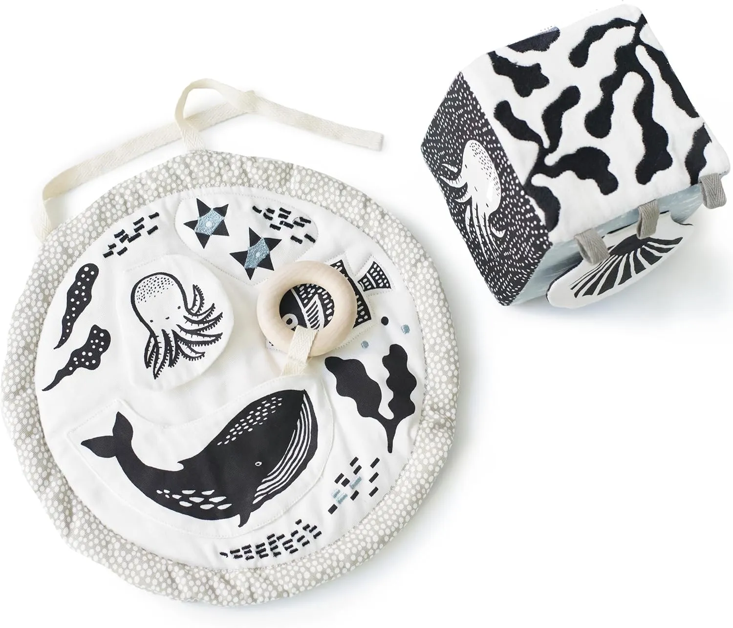 Wee Gallery Ocean Baby Bundle - Soft Block, Ocean Sensory Stimulation Baby Toy, High Contrast for Vision - Organic Ocean Activity Pad, High Contrast Tummy Time Play Mat with 6 Interactive Activities