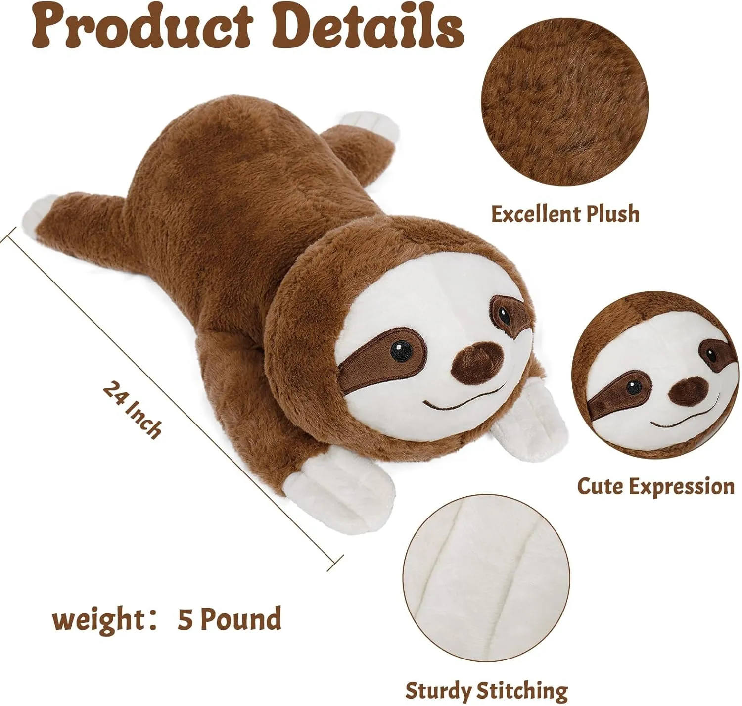 Wepop 5lb Weighted Stuffed Animals, 24in Big Sloth Plush, Cute Soft Plushie Pillows for Adults Boys Girls