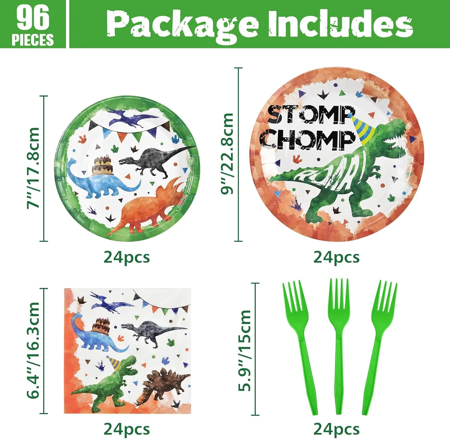 WERNNSAI Dinosaur Party Supplies - 96 PCS Dino Plates Napkins and Forks Set Dinosaur Theme Birthday Decoration Disposable Dinosaur Plates for Boys Birthday Serves 24 Guests