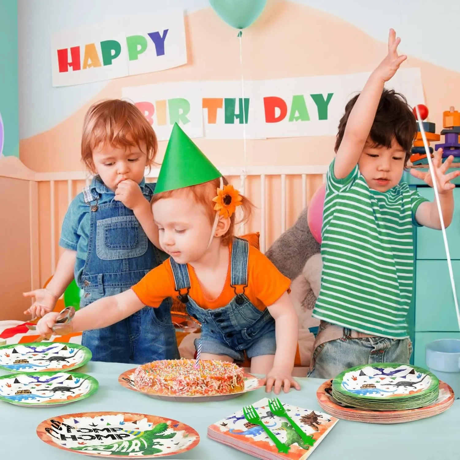 WERNNSAI Dinosaur Party Supplies - 96 PCS Dino Plates Napkins and Forks Set Dinosaur Theme Birthday Decoration Disposable Dinosaur Plates for Boys Birthday Serves 24 Guests