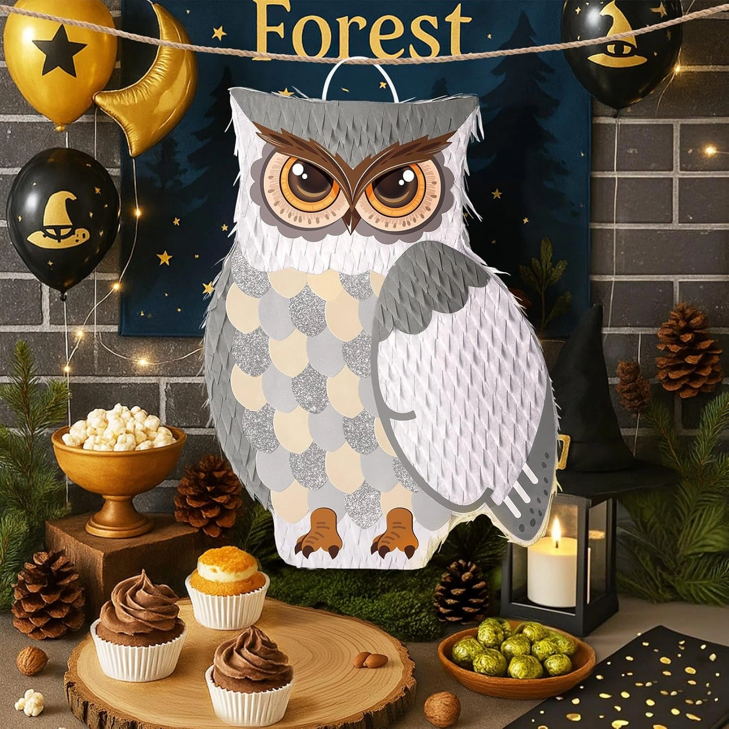 WERNNSAI Owl Piñata - Owl Party Decorations Hanging Wizard Theme Piñata with Blindfold and Bat Woodland Forest Animal Supplies for Kids Boys Jungle Party Favor