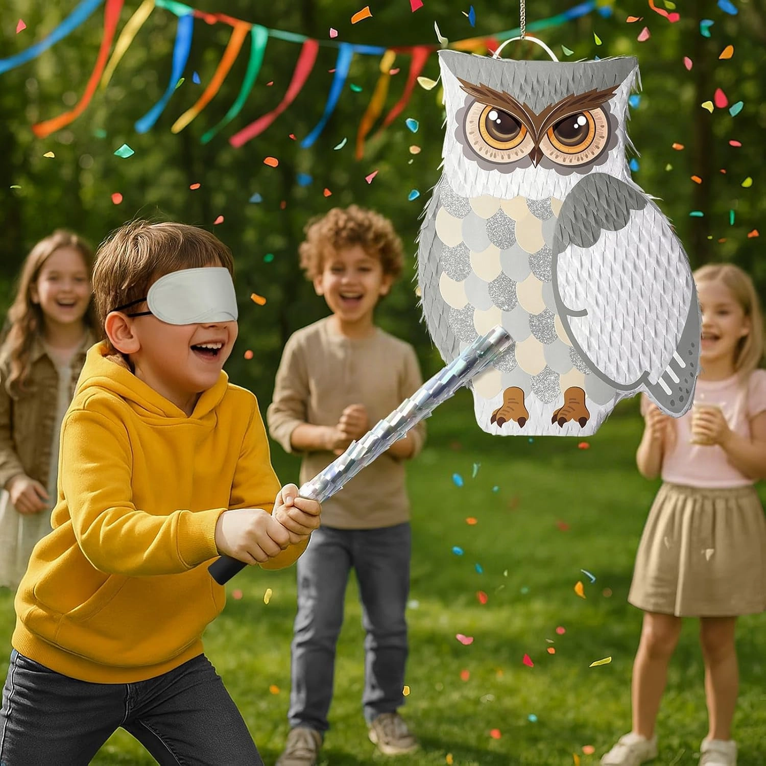 WERNNSAI Owl Piñata - Owl Party Decorations Hanging Wizard Theme Piñata with Blindfold and Bat Woodland Forest Animal Supplies for Kids Boys Jungle Party Favor