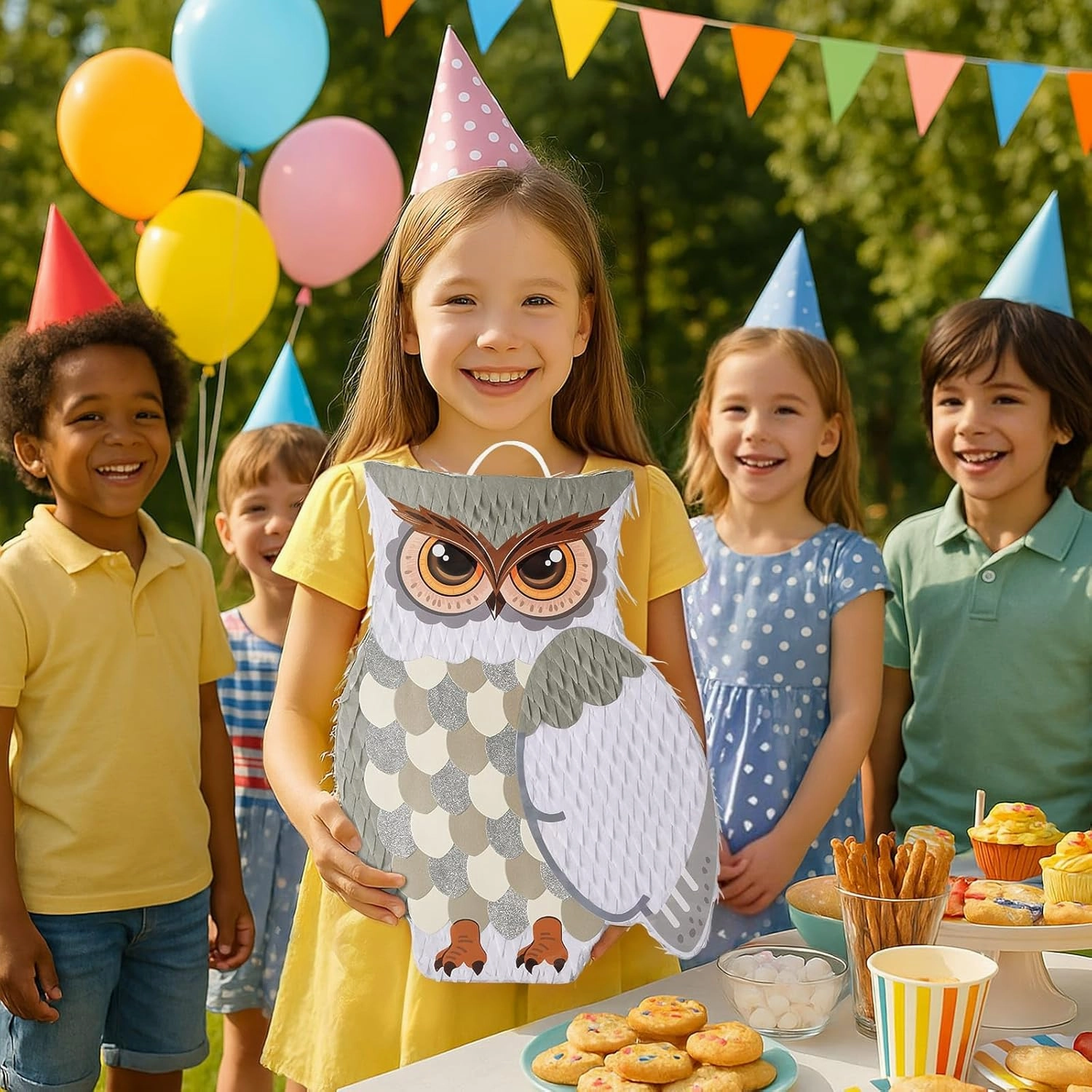 WERNNSAI Owl Piñata - Owl Party Decorations Hanging Wizard Theme Piñata with Blindfold and Bat Woodland Forest Animal Supplies for Kids Boys Jungle Party Favor