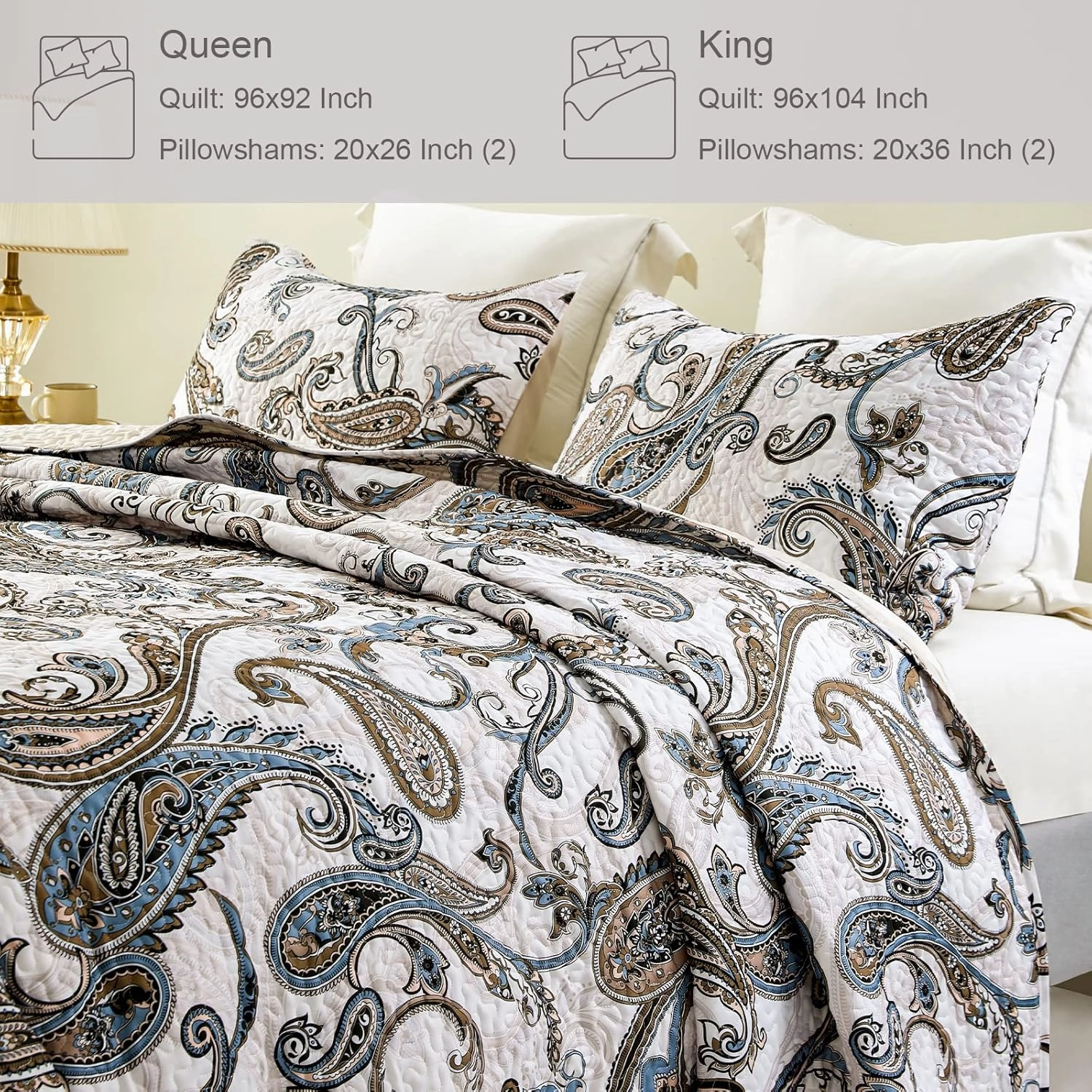 Whale Flotilla Reversible Paisley Quilts Full Queen Size, Lightweight Boho Printed Bedspreads Coverlets Quilt Bedding Set with 2 Pillow Shams for All Seasons, Bone/Grey