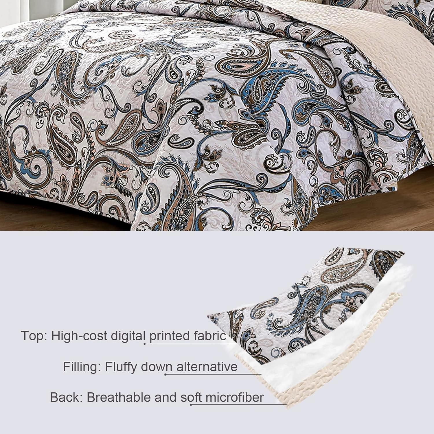 Whale Flotilla Reversible Paisley Quilts Full Queen Size, Lightweight Boho Printed Bedspreads Coverlets Quilt Bedding Set with 2 Pillow Shams for All Seasons, Bone/Grey