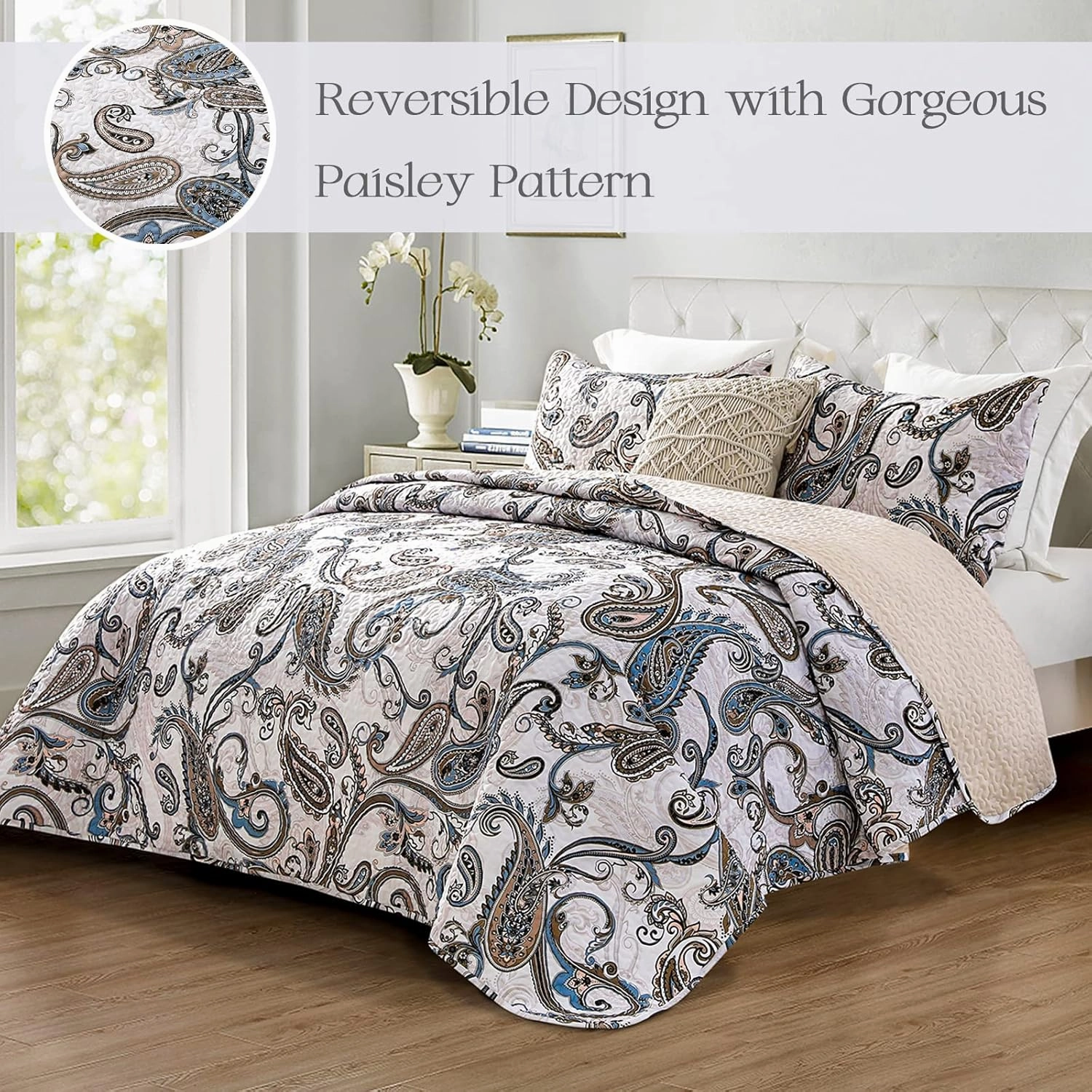Whale Flotilla Reversible Paisley Quilts Full Queen Size, Lightweight Boho Printed Bedspreads Coverlets Quilt Bedding Set with 2 Pillow Shams for All Seasons, Bone/Grey