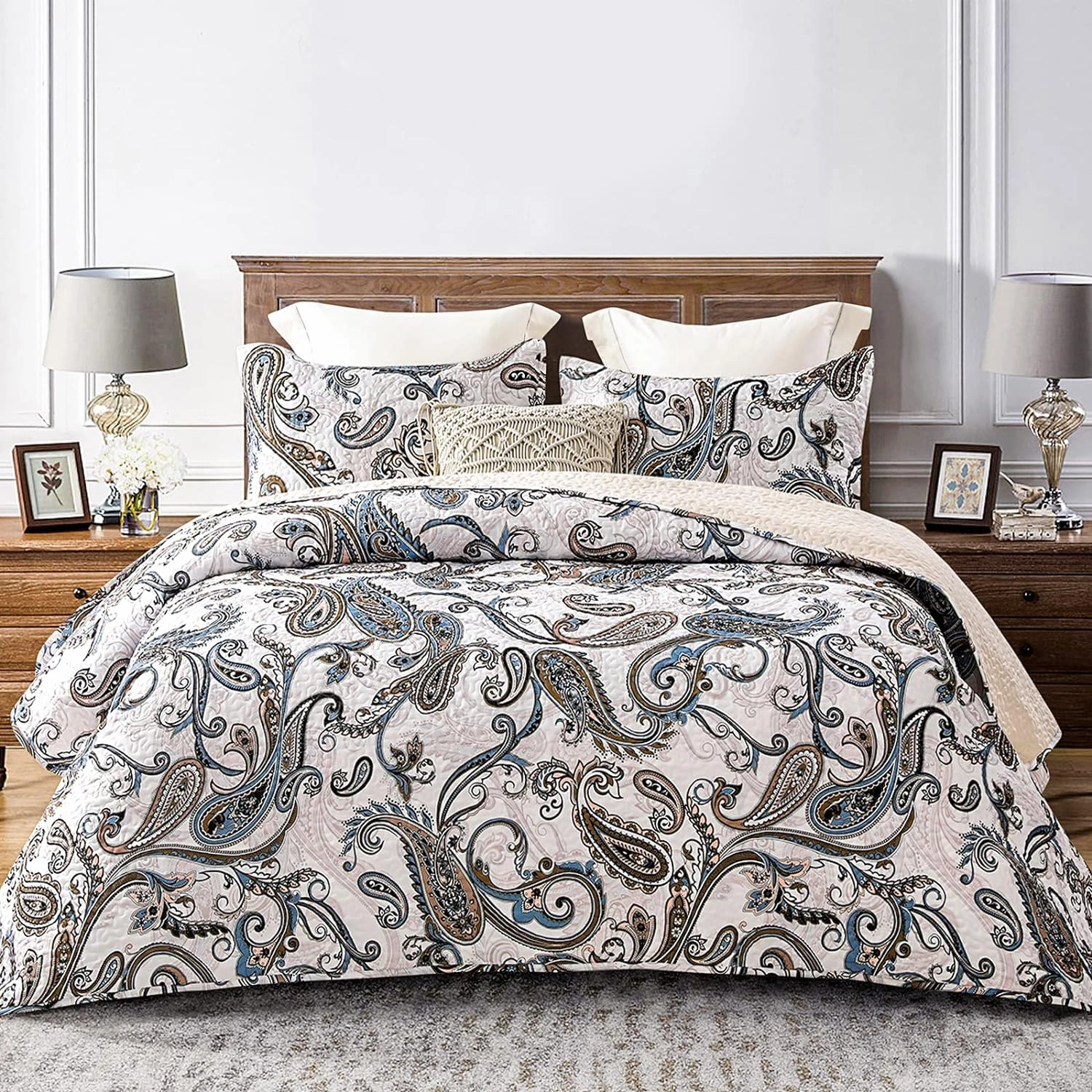 Whale Flotilla Reversible Paisley Quilts Full Queen Size, Lightweight Boho Printed Bedspreads Coverlets Quilt Bedding Set with 2 Pillow Shams for All Seasons, Bone/Grey