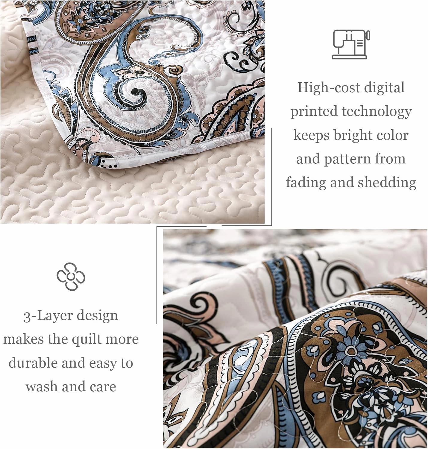 Whale Flotilla Reversible Paisley Quilts Full Queen Size, Lightweight Boho Printed Bedspreads Coverlets Quilt Bedding Set with 2 Pillow Shams for All Seasons, Bone/Grey
