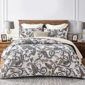 Whale Flotilla Reversible Paisley Quilts Full Queen Size, Lightweight Boho Printed Bedspreads Coverlets Quilt Bedding Set with 2 Pillow Shams for All Seasons, Bone/Grey