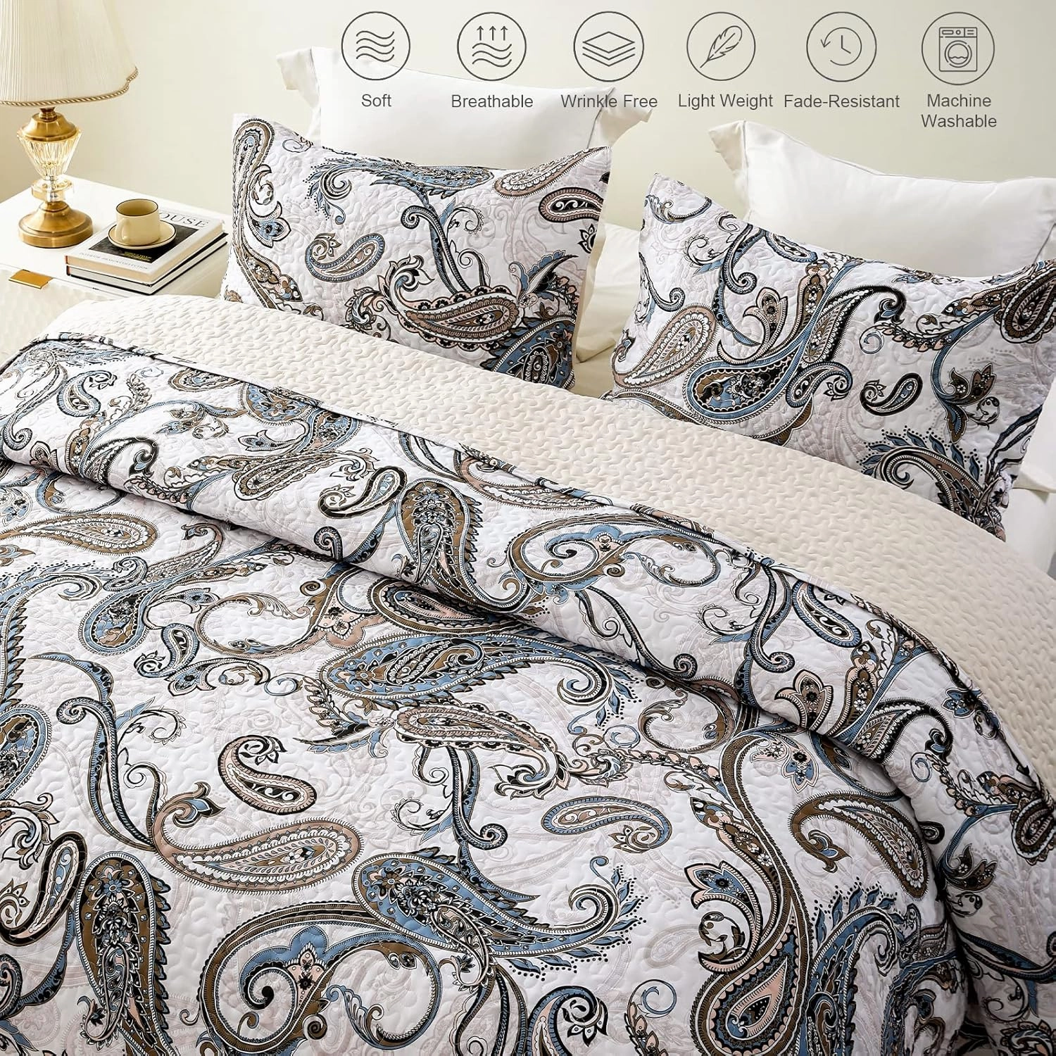 Whale Flotilla Reversible Paisley Quilts Full Queen Size, Lightweight Boho Printed Bedspreads Coverlets Quilt Bedding Set with 2 Pillow Shams for All Seasons, Bone/Grey