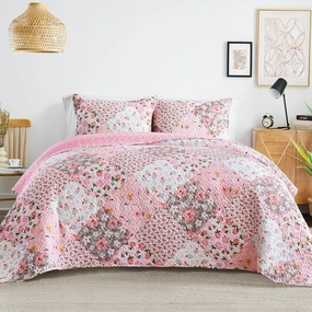 Whale Flotilla Reversible Patchwork Quilts Full Queen Size, Lightweight Boho Printed Bedspreads Coverlets Quilt Bedding Set with 2 Pillow Shams for All Seasons, Pink