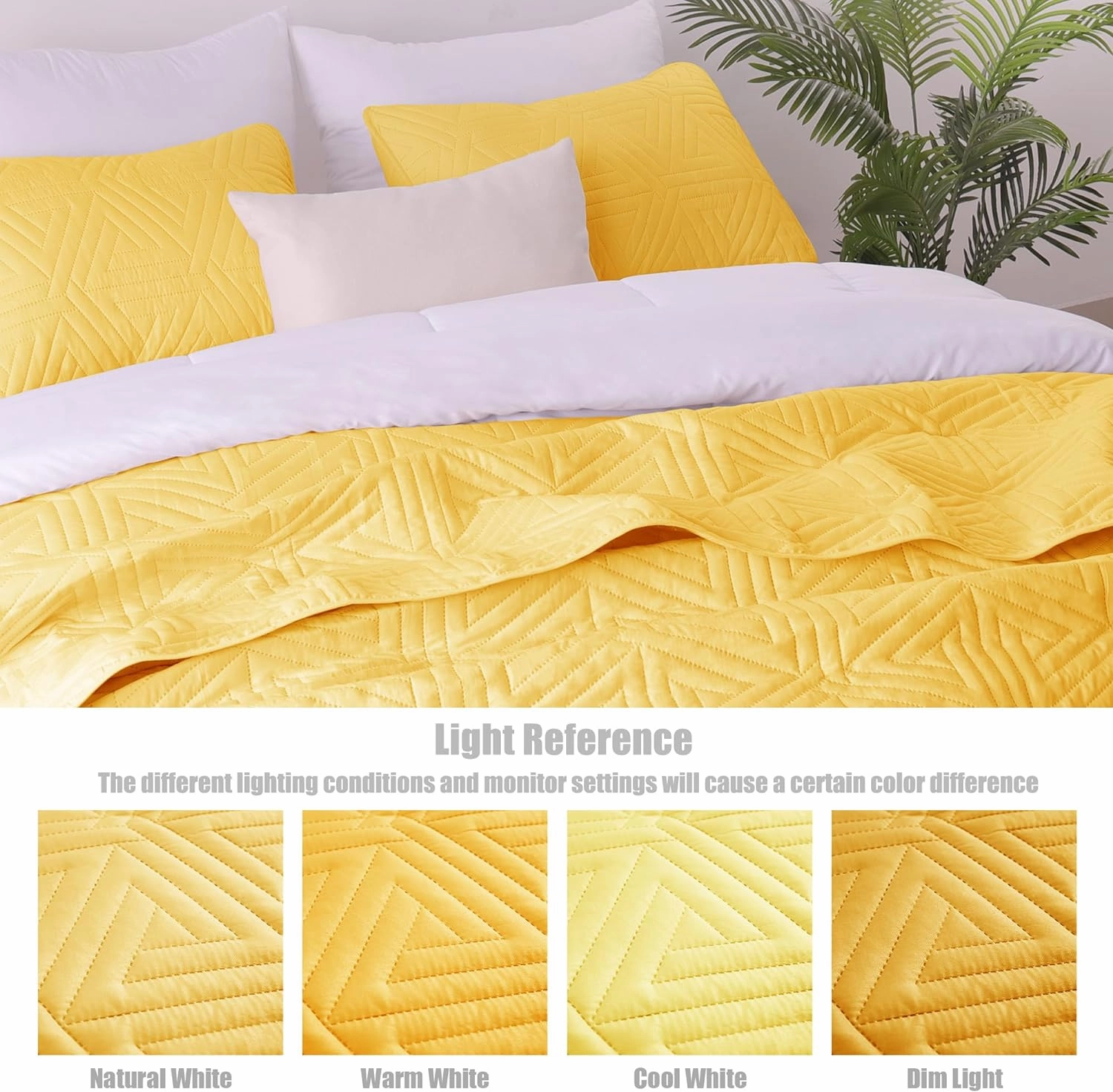 Whale Flotilla Soft Queen Size Quilt Set for All Seasons, 3-Piece Ultrasonic Geometric Quilts Bedding Set, Lightweight Reversible Bedspread, Coverlet, Bed Cover with 2 Pillow Shams, Yellow