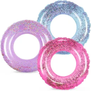 Whaline 3Pcs Purple Pink Blue Inflatable Pool Floats Toys 3 Colors Glitter Swim Tubes Rings Pool Tube for Kids Outdoor Summer Swimming Pool Beach Party Favors Supplies