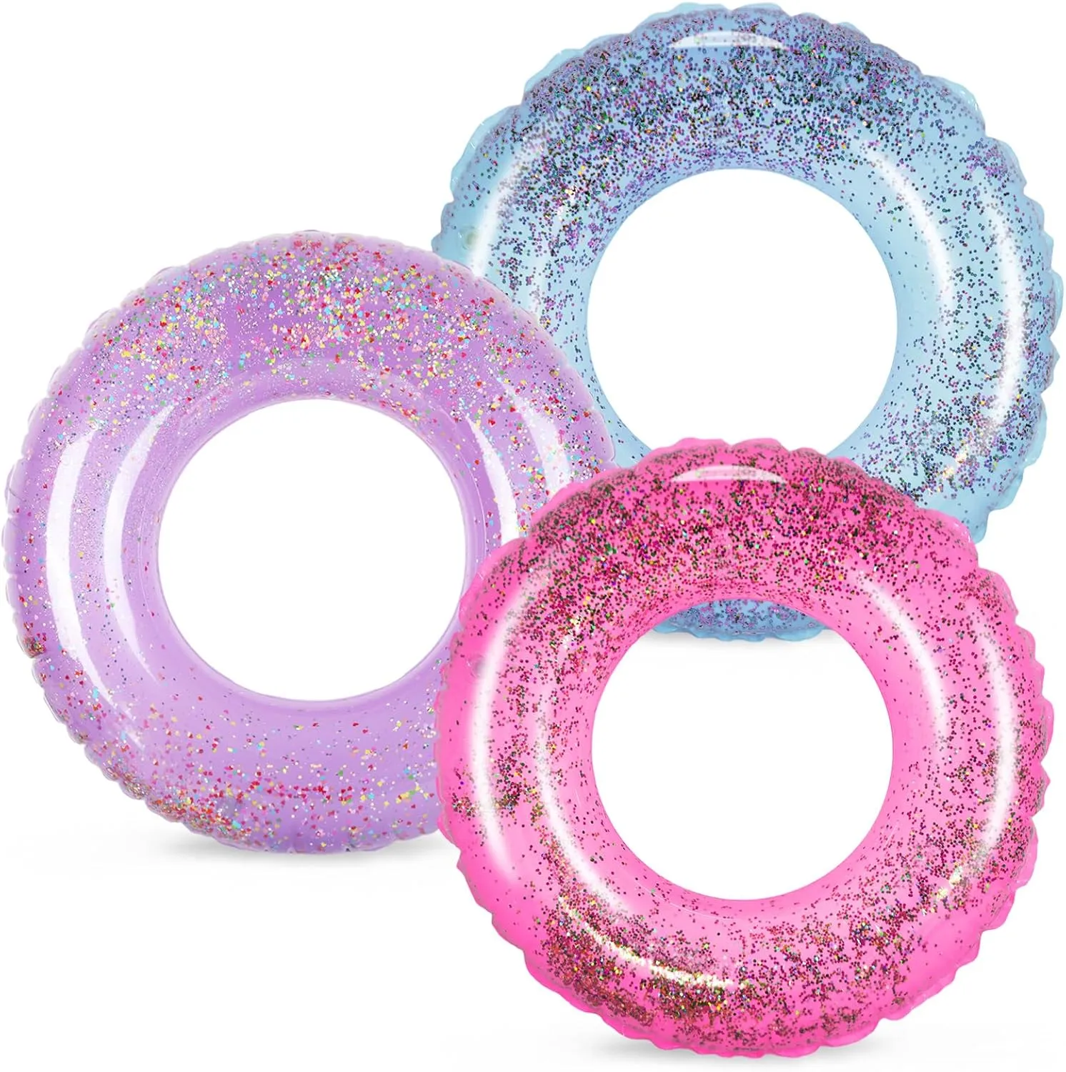 Whaline 3Pcs Purple Pink Blue Inflatable Pool Floats Toys 3 Colors Glitter Swim Tubes Rings Pool Tube for Kids Outdoor Summer Swimming Pool Beach Party Favors Supplies