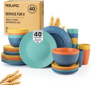 Wheat Straw Dinnerware Set 40 PCS - Service for 8 | Plates and Bowls Sets | Unbreakable Dishes Set - Dinner Plates, Dessert Plate, Cereal Bowls, Drinking Glasses, Dishwasher Safe - Multi