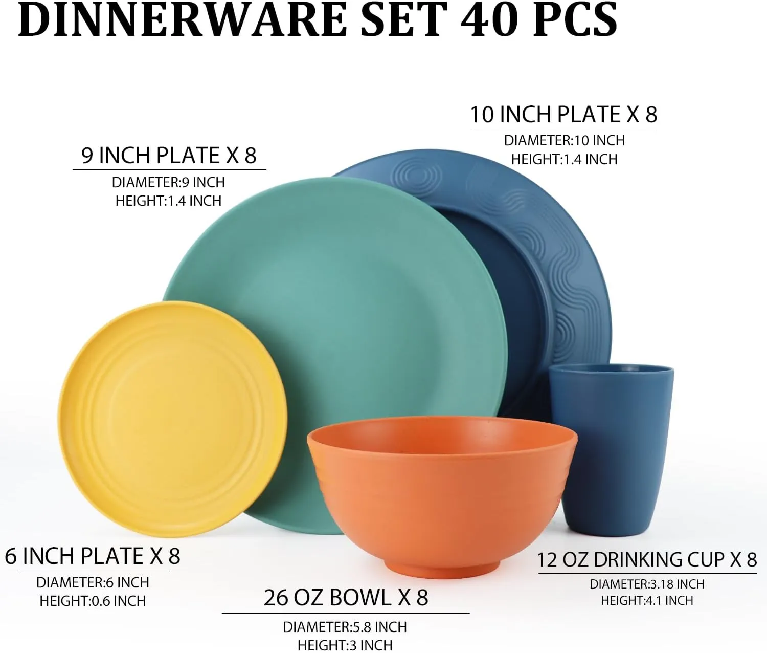 Wheat Straw Dinnerware Set 40 PCS - Service for 8 | Plates and Bowls Sets | Unbreakable Dishes Set - Dinner Plates, Dessert Plate, Cereal Bowls, Drinking Glasses, Dishwasher Safe - Multi