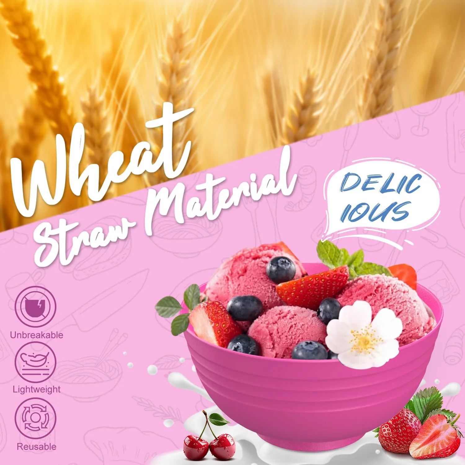 Wheat Straw Dinnerware Sets 40 PCS Bowl and Plate Sets With Cup Dishes Set for 8 Unbreakable Dish Sets Microwave Safe Plates Dinner Bowls Drinking Glasses With 4 Color - Flower Color