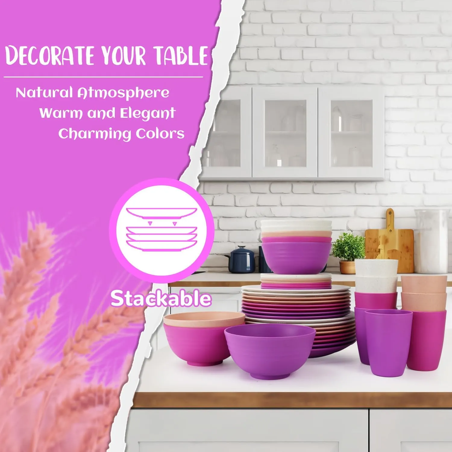 Wheat Straw Dinnerware Sets 40 PCS Bowl and Plate Sets With Cup Dishes Set for 8 Unbreakable Dish Sets Microwave Safe Plates Dinner Bowls Drinking Glasses With 4 Color - Flower Color