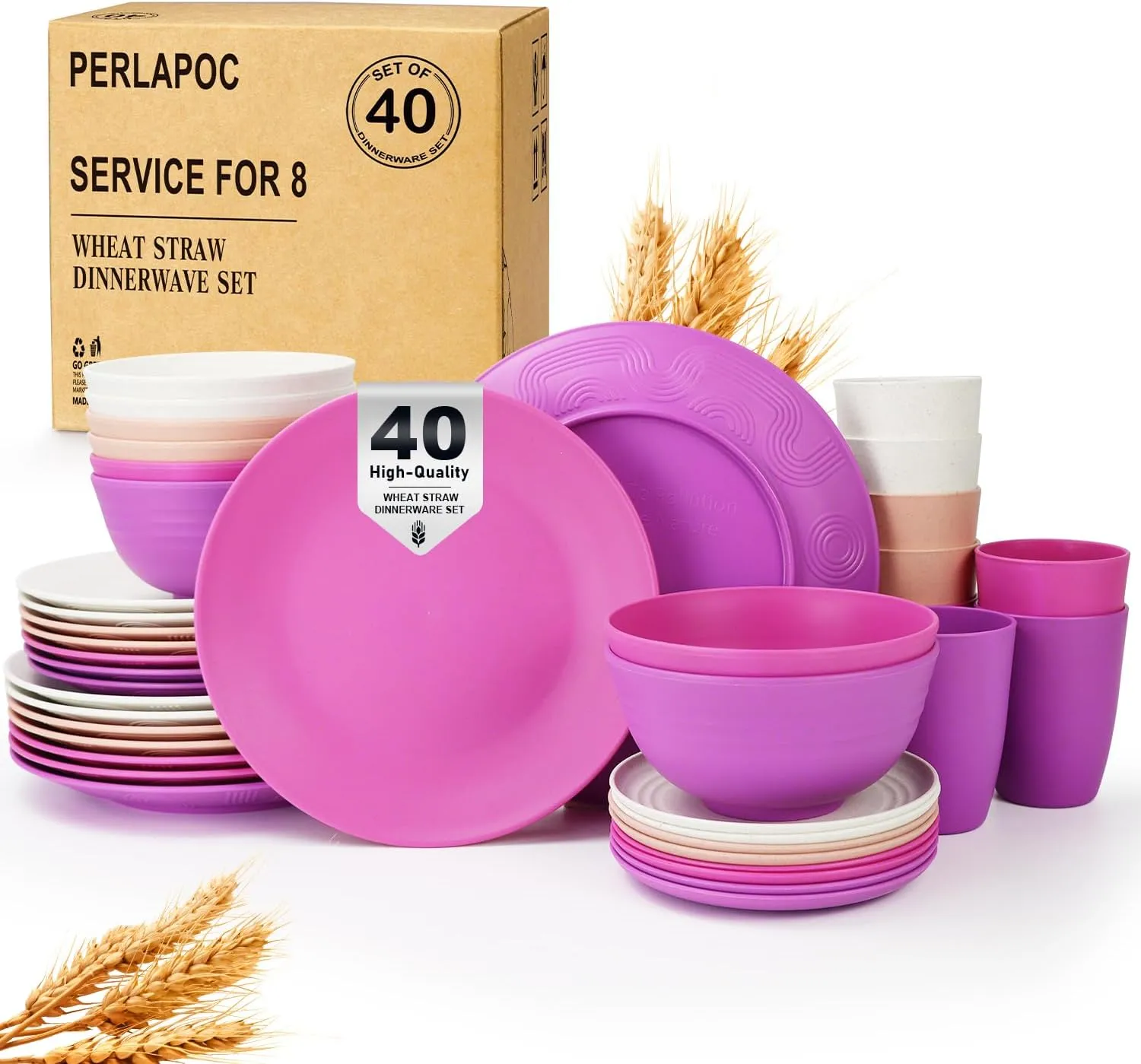 Wheat Straw Dinnerware Sets 40 PCS Bowl and Plate Sets With Cup Dishes Set for 8 Unbreakable Dish Sets Microwave Safe Plates Dinner Bowls Drinking Glasses With 4 Color - Flower Color