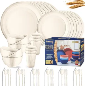 Wheat Straw Dinnerware Sets,48-Piece Beige Plates and Bowls Sets for 6-Unbreakable,Reusable Plastic Dish Set-Dinner Plate/Dessert Plate/Cereal Bowl/Cup/Utensils-Microwavable Dishwasher Safe 48P-Beige