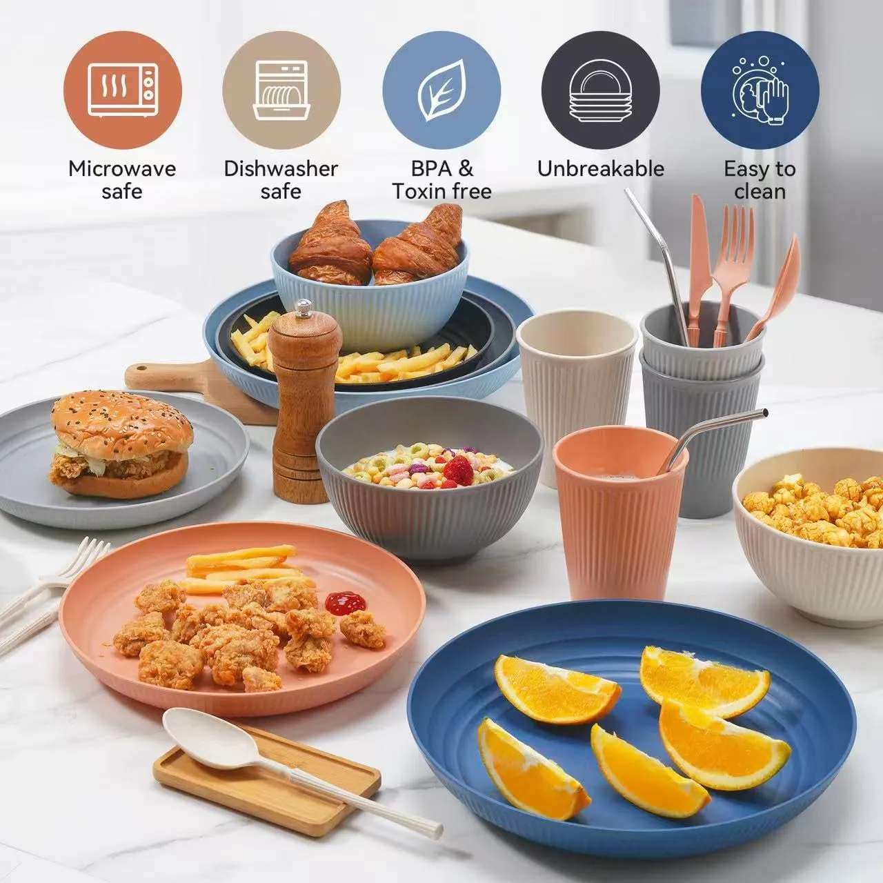 Wheat Straw Dinnerware Sets,48-Piece Plates and Bowls Sets for 6-Unbreakable,Reusable Plastic Dish Set-Dinner Plate/Dessert Plate/Cereal Bowl/Cup/Utensils-Microwavable Dishwasher Safe 48P-Deep Gray