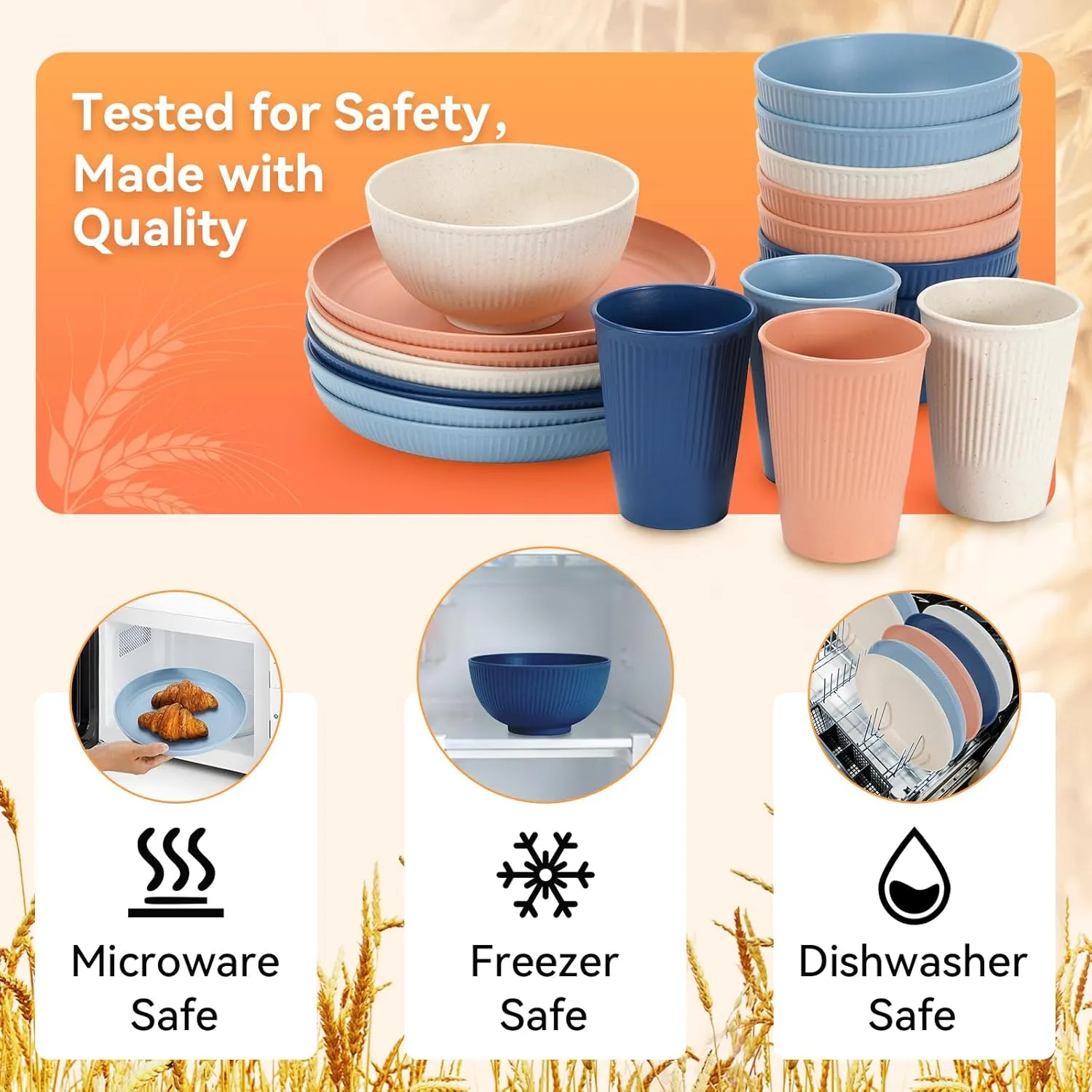 Wheat Straw Dinnerware Sets,48-Piece Plates and Bowls Sets for 6-Unbreakable,Reusable Plastic Dish Set-Dinner Plate/Dessert Plate/Cereal Bowl/Cup/Utensils-Microwavable Dishwasher Safe 48P-Gray