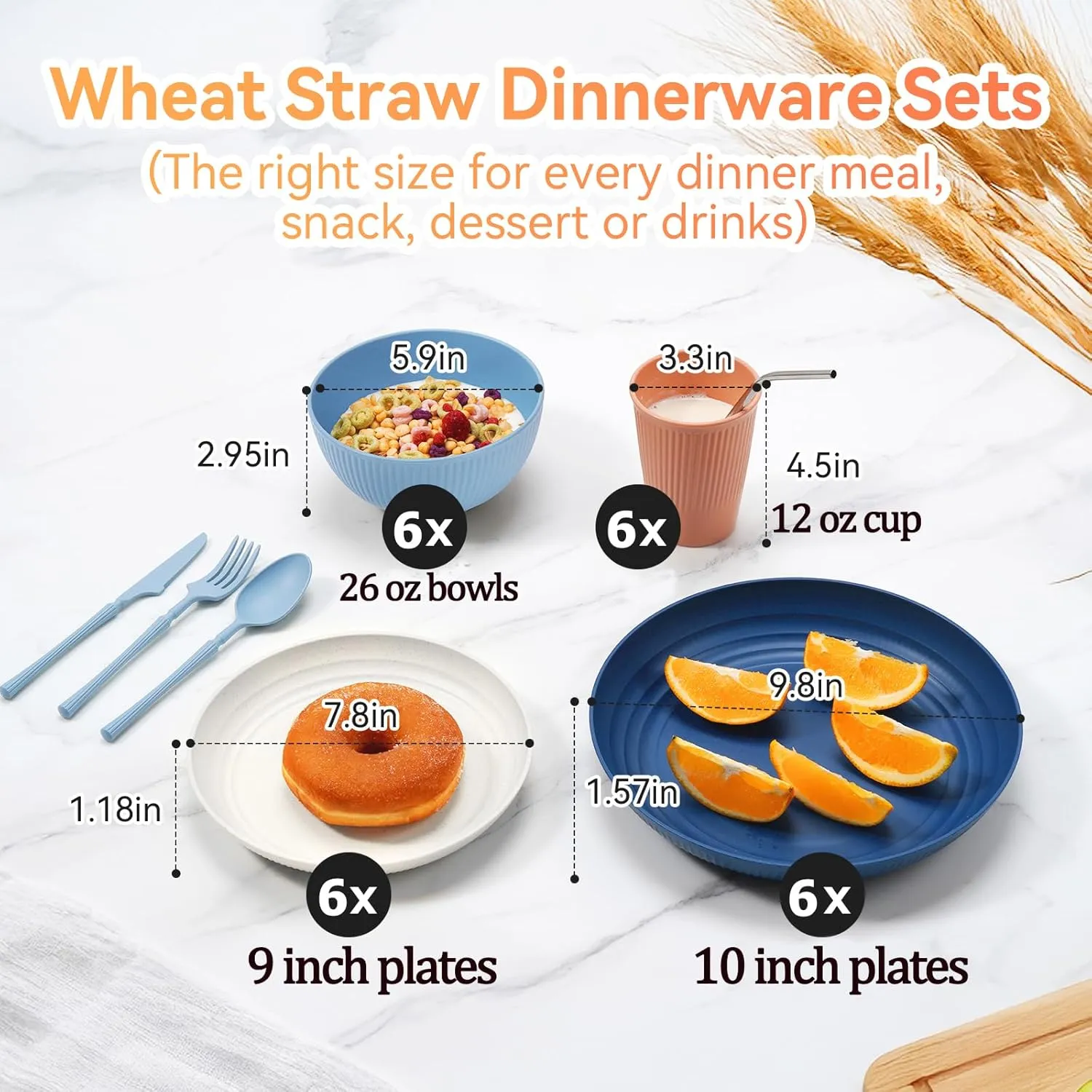 Wheat Straw Dinnerware Sets,48-Piece Plates and Bowls Sets for 6-Unbreakable,Reusable Plastic Dish Set-Dinner Plate/Dessert Plate/Cereal Bowl/Cup/Utensils-Microwavable Dishwasher Safe 48P-Gray