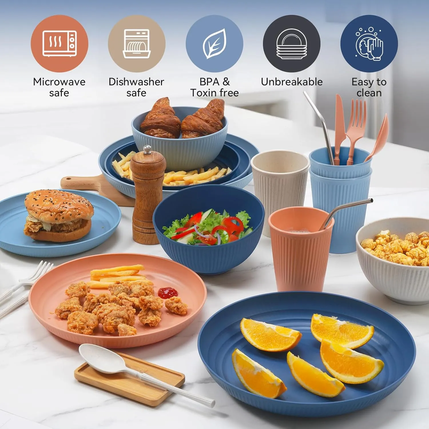 Wheat Straw Dinnerware Sets,48-Piece Plates and Bowls Sets for 6-Unbreakable,Reusable Plastic Dish Set-Dinner Plate/Dessert Plate/Cereal Bowl/Cup/Utensils-Microwavable Dishwasher Safe 48P-Gray