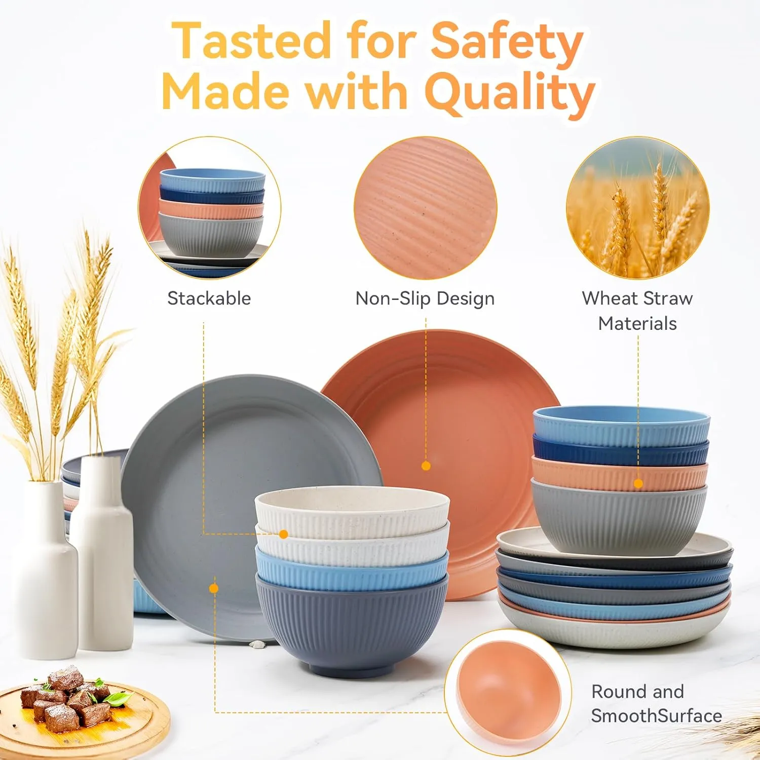 Wheat Straw Dinnerware Sets,48-Piece Plates and Bowls Sets for 6-Unbreakable,Reusable Plastic Dish Set-Dinner Plate/Dessert Plate/Cereal Bowl/Cup/Utensils-Microwavable Dishwasher Safe 48P-Gray