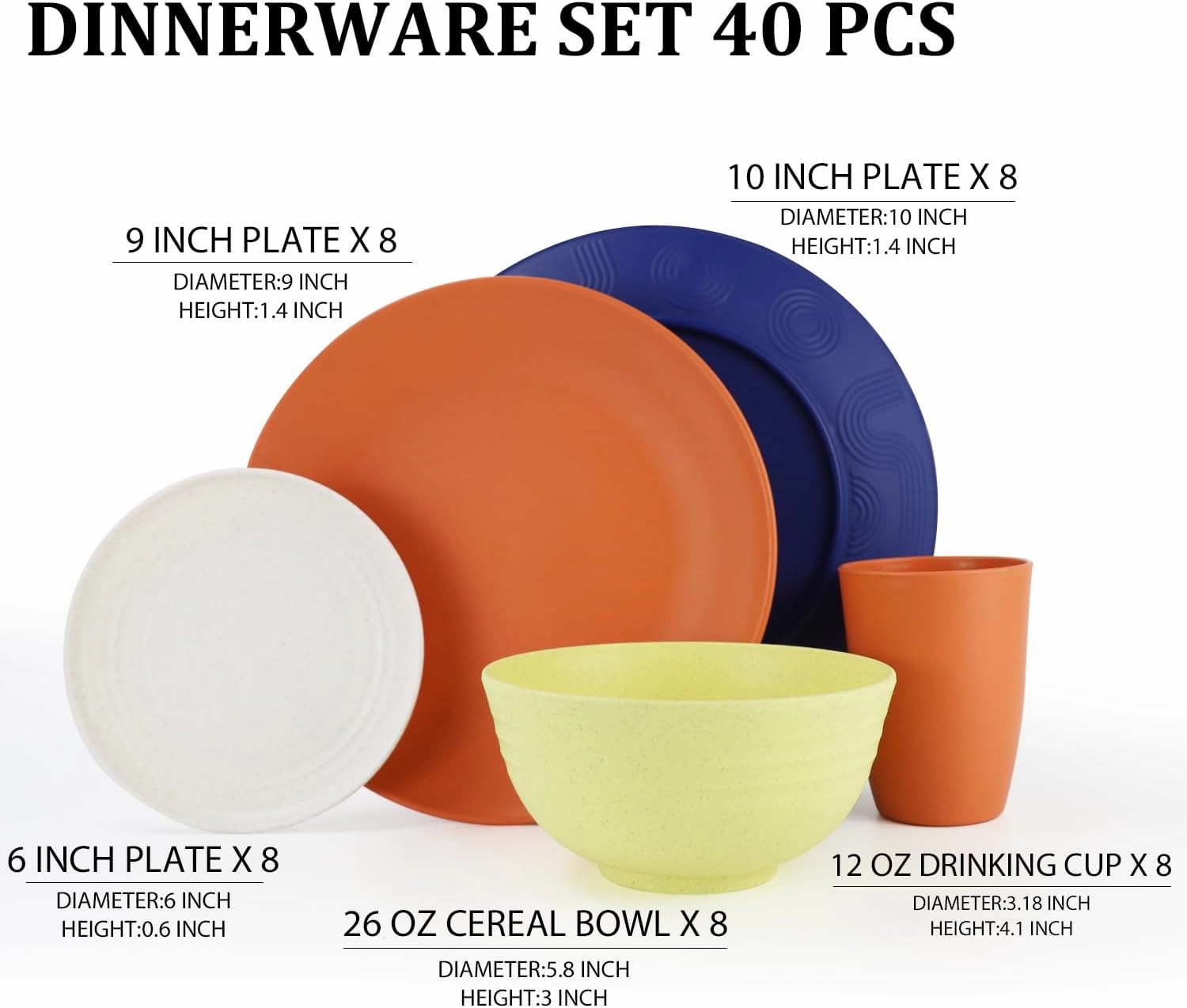 Wheat Straw Dinnerware Sets 40 PCS - Dishes Set for 8 Unbreakable Plates and Bowls Sets with Cups Dishwasher & Microwave Safe Lightweight Dinnerware for Kitchen Camping RV - Mondrian Colors