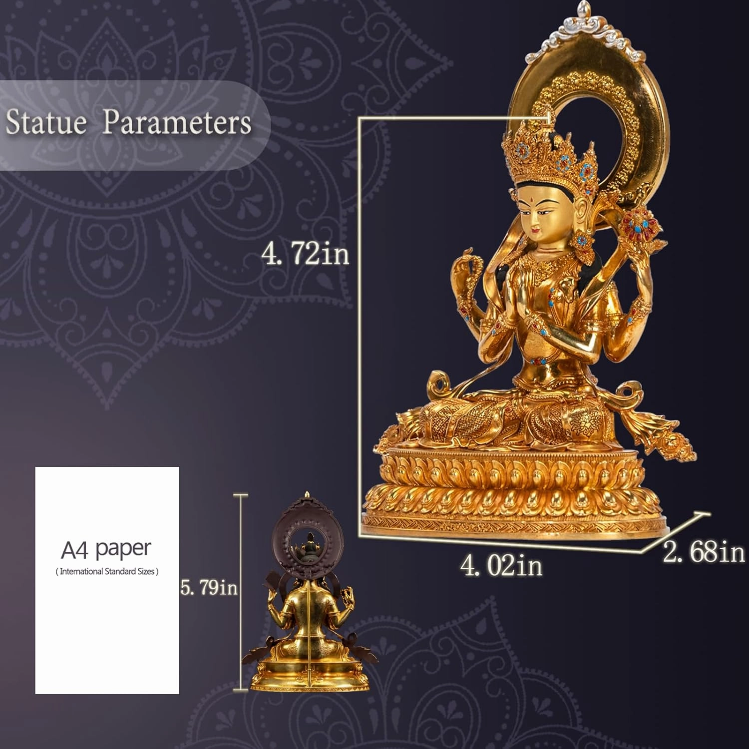 Whimsical Decor Gold Brass Mini Buddha Statue for Office and Home -Handcrafted Indoor Tabletop and Car Decoration, Meditation Bodhisattva Sitting Quanyin, 5.9" (Avalokiteshvara)