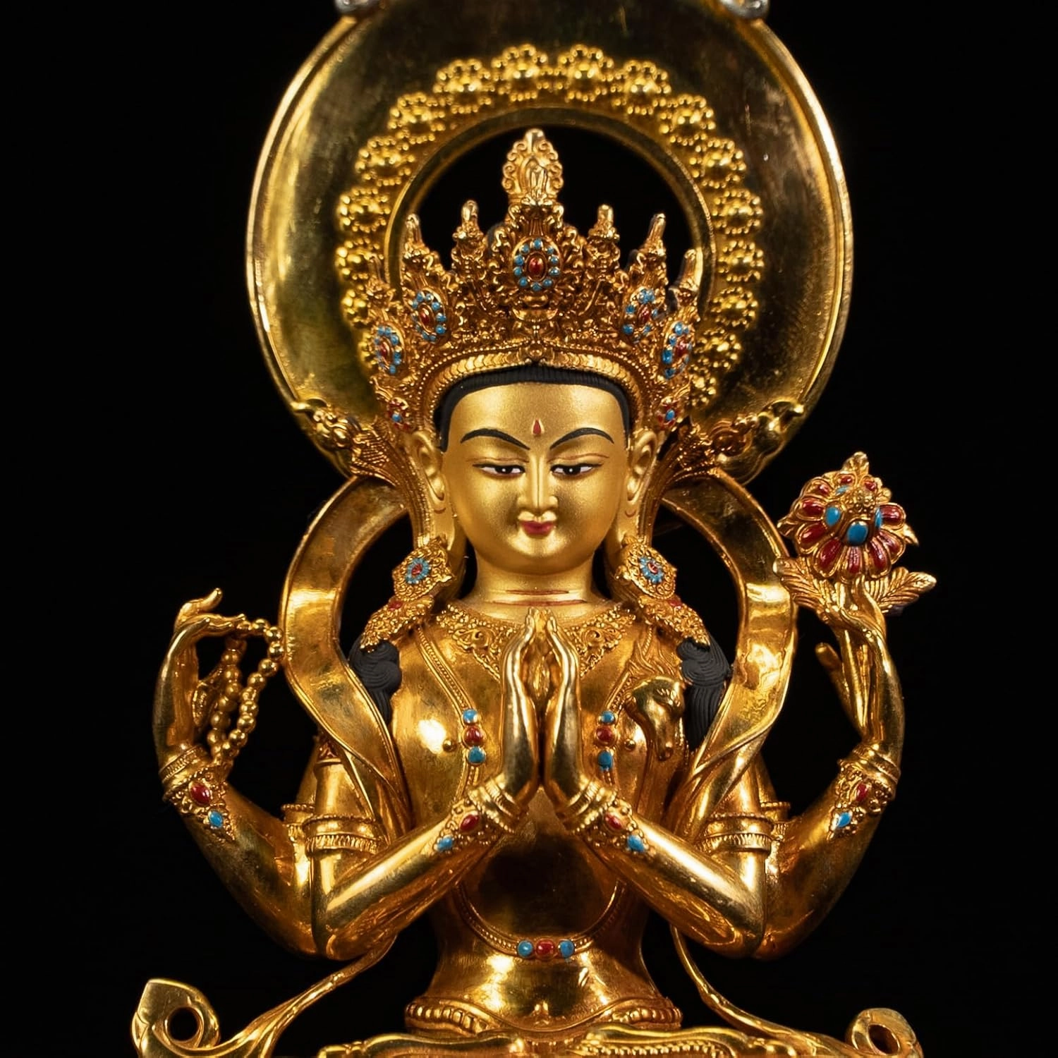 Whimsical Decor Gold Brass Mini Buddha Statue for Office and Home -Handcrafted Indoor Tabletop and Car Decoration, Meditation Bodhisattva Sitting Quanyin, 5.9" (Avalokiteshvara)