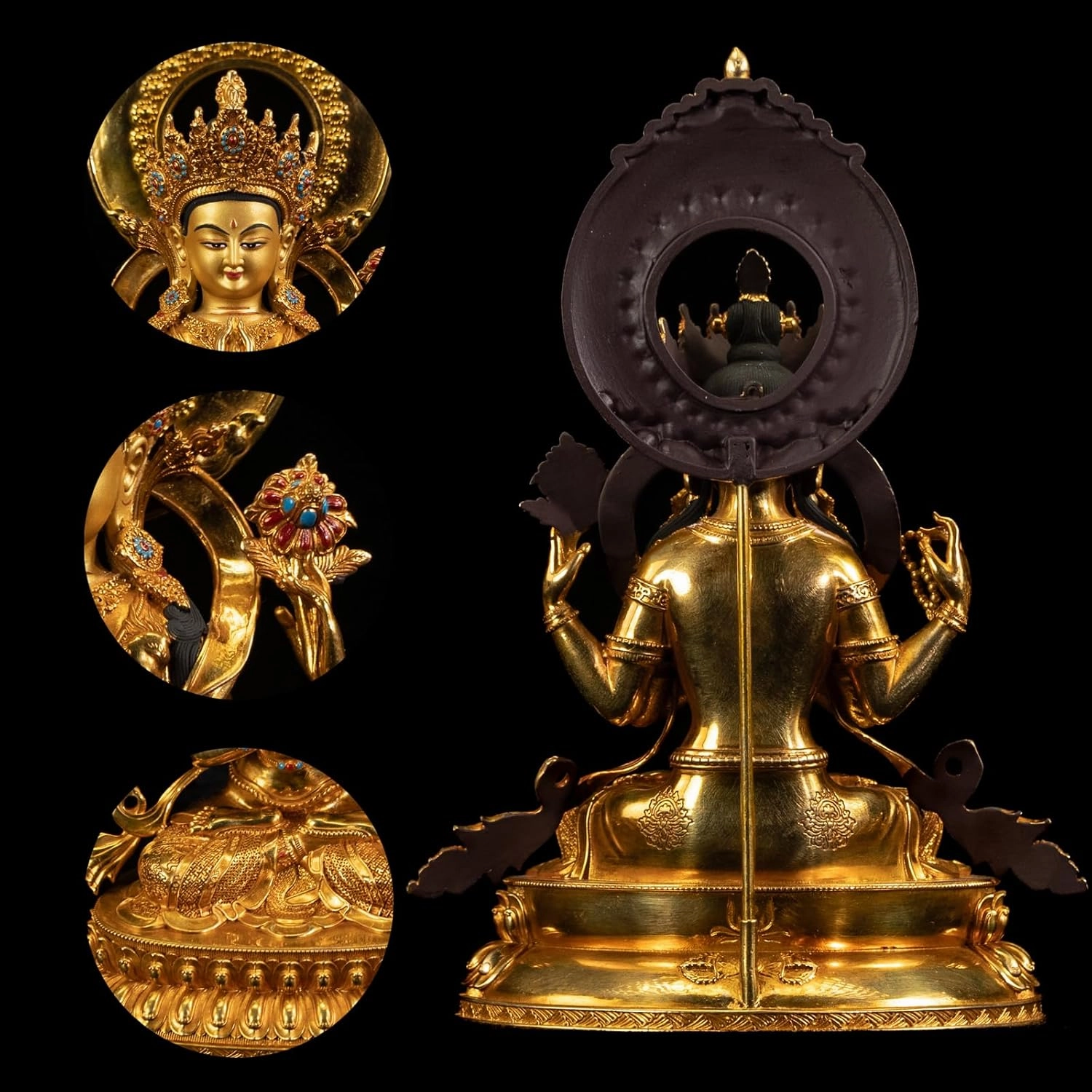 Whimsical Decor Gold Brass Mini Buddha Statue for Office and Home -Handcrafted Indoor Tabletop and Car Decoration, Meditation Bodhisattva Sitting Quanyin, 5.9" (Avalokiteshvara)