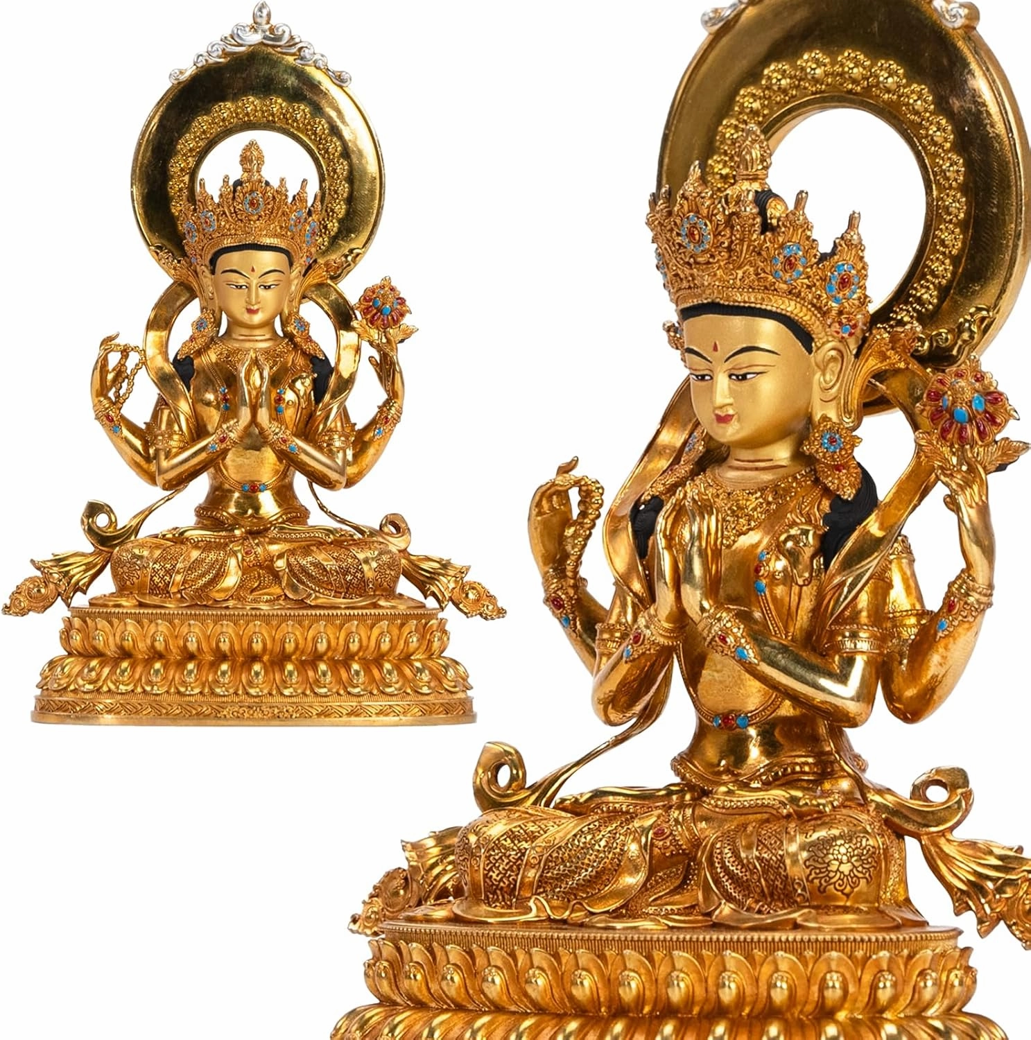 Whimsical Decor Gold Brass Mini Buddha Statue for Office and Home -Handcrafted Indoor Tabletop and Car Decoration, Meditation Bodhisattva Sitting Quanyin, 5.9" (Avalokiteshvara)