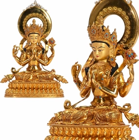 Whimsical Decor Gold Brass Mini Buddha Statue for Office and Home -Handcrafted Indoor Tabletop and Car Decoration, Meditation Bodhisattva Sitting Quanyin, 5.9" (Avalokiteshvara)