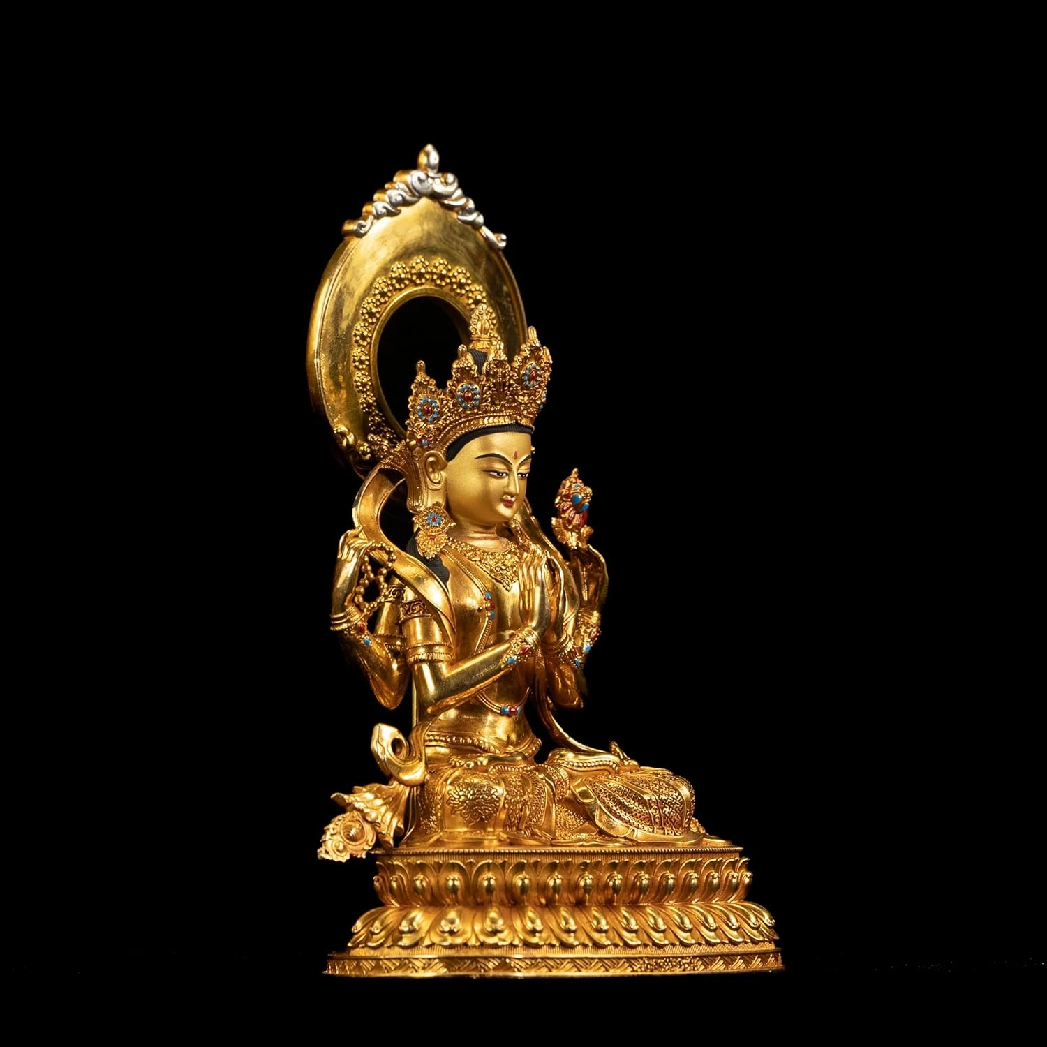 Whimsical Decor Gold Brass Mini Buddha Statue for Office and Home -Handcrafted Indoor Tabletop and Car Decoration, Meditation Bodhisattva Sitting Quanyin, 5.9" (Avalokiteshvara)