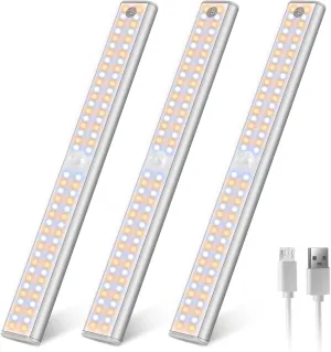 Wireless Motion Sensor Light Indoor, 80 LED Dimmable Closet Lights Rechargeable Under Cabinet Lighting, Magnetic Stick-on Under Counter Lights for Kitchen, Wardrobe, 3-Pack