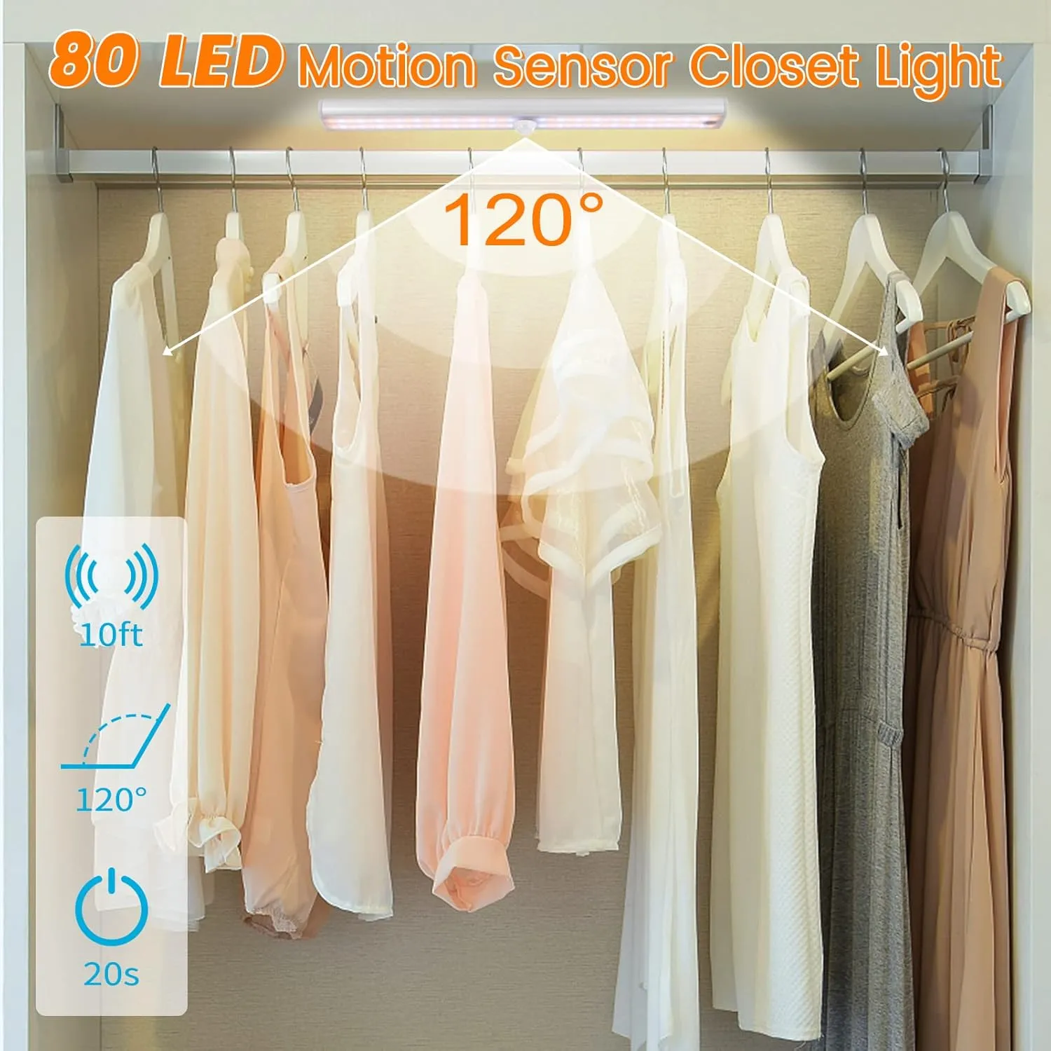Wireless Motion Sensor Light Indoor, 80 LED Dimmable Closet Lights Rechargeable Under Cabinet Lighting, Magnetic Stick-on Under Counter Lights for Kitchen, Wardrobe, 3-Pack