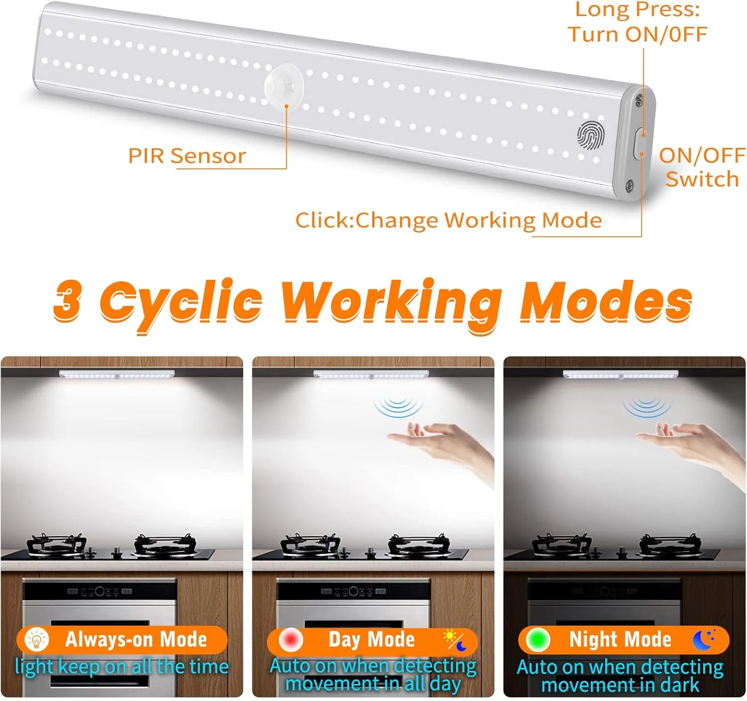 Wireless Motion Sensor Light Indoor, 80 LED Dimmable Closet Lights Rechargeable Under Cabinet Lighting, Magnetic Stick-on Under Counter Lights for Kitchen, Wardrobe, 3-Pack