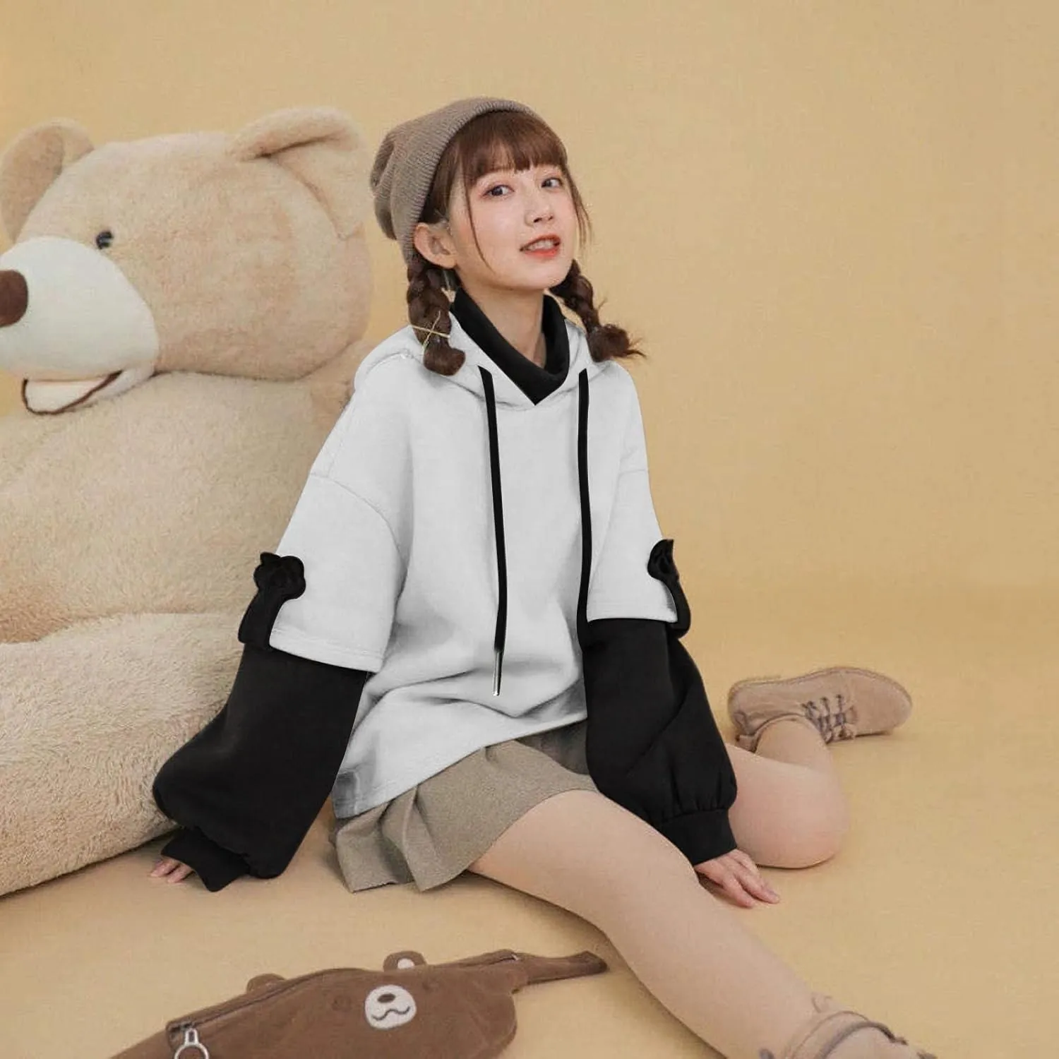 Wkishenl Cute Bear Hoodies for Womens Kawaii Clothes Long Sleeve Aesthetic Sweatshirts Patchwork Shirts with Personality Bag