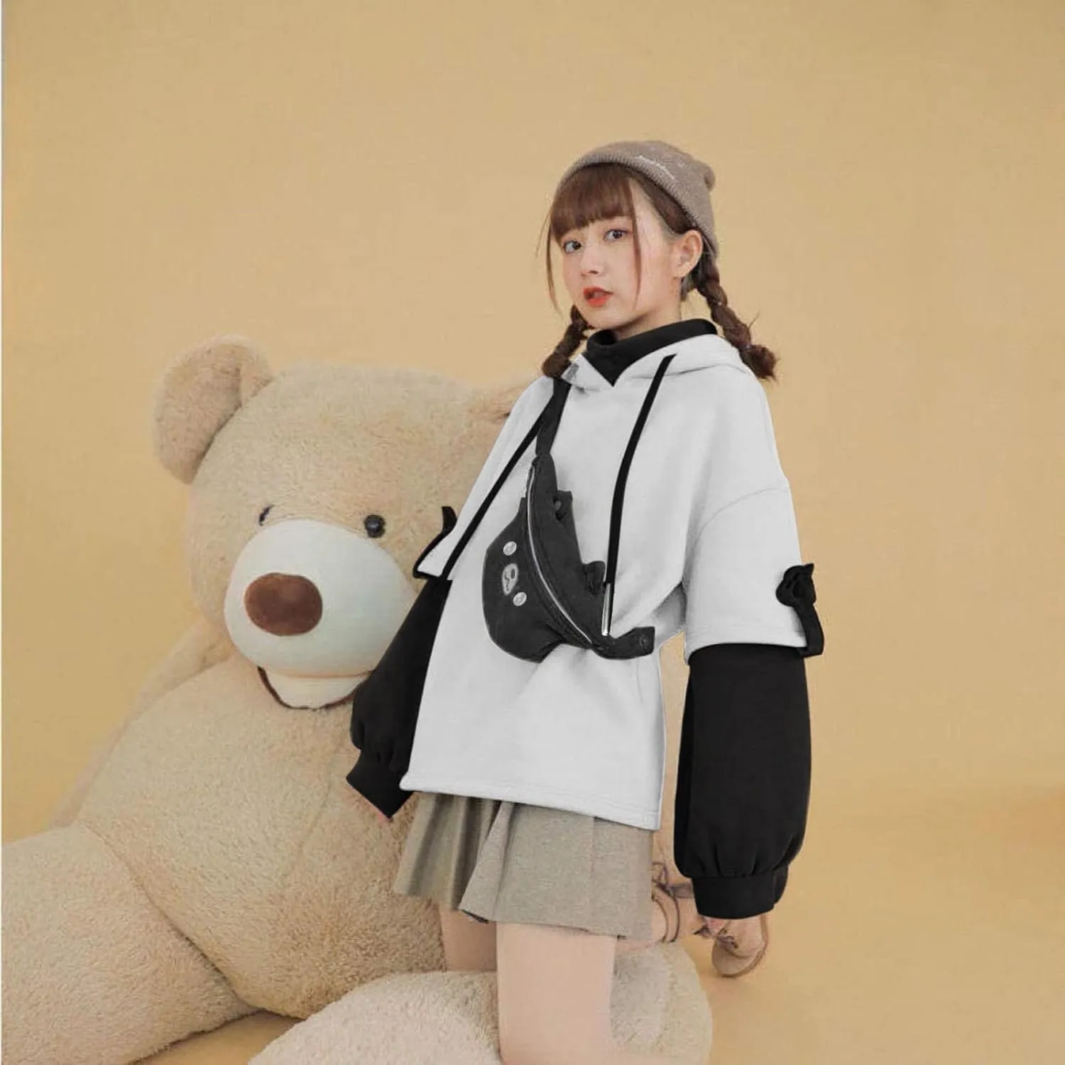 Wkishenl Cute Bear Hoodies for Womens Kawaii Clothes Long Sleeve Aesthetic Sweatshirts Patchwork Shirts with Personality Bag