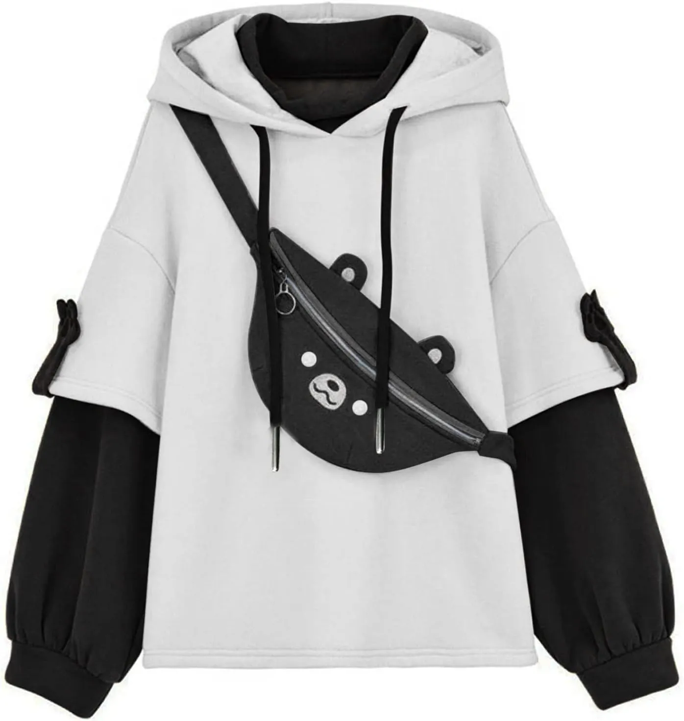 Wkishenl Cute Bear Hoodies for Womens Kawaii Clothes Long Sleeve Aesthetic Sweatshirts Patchwork Shirts with Personality Bag