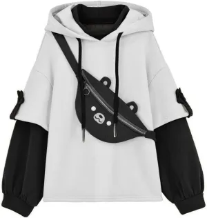 Wkishenl Cute Bear Hoodies for Womens Kawaii Clothes Long Sleeve Aesthetic Sweatshirts Patchwork Shirts with Personality Bag