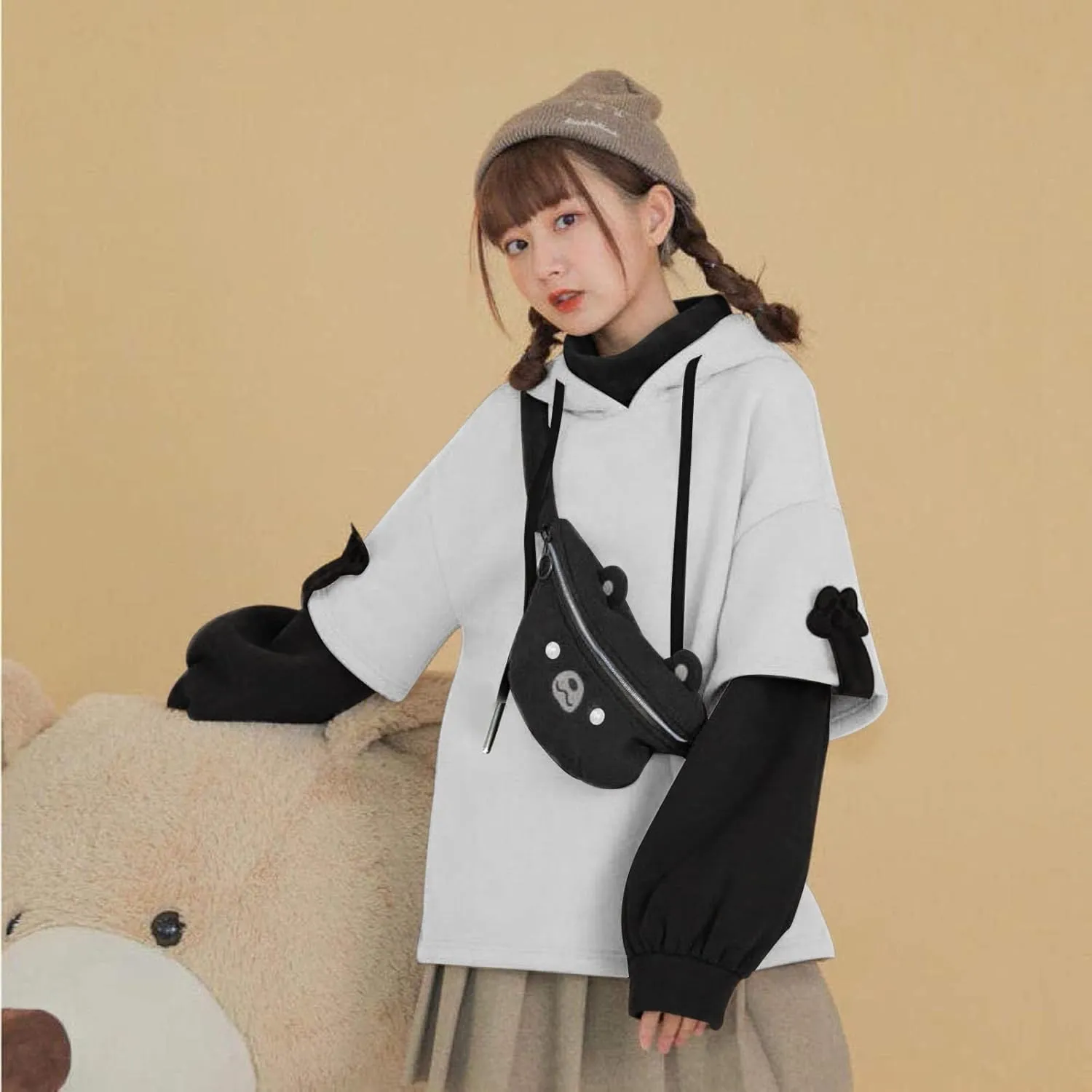 Wkishenl Cute Bear Hoodies for Womens Kawaii Clothes Long Sleeve Aesthetic Sweatshirts Patchwork Shirts with Personality Bag