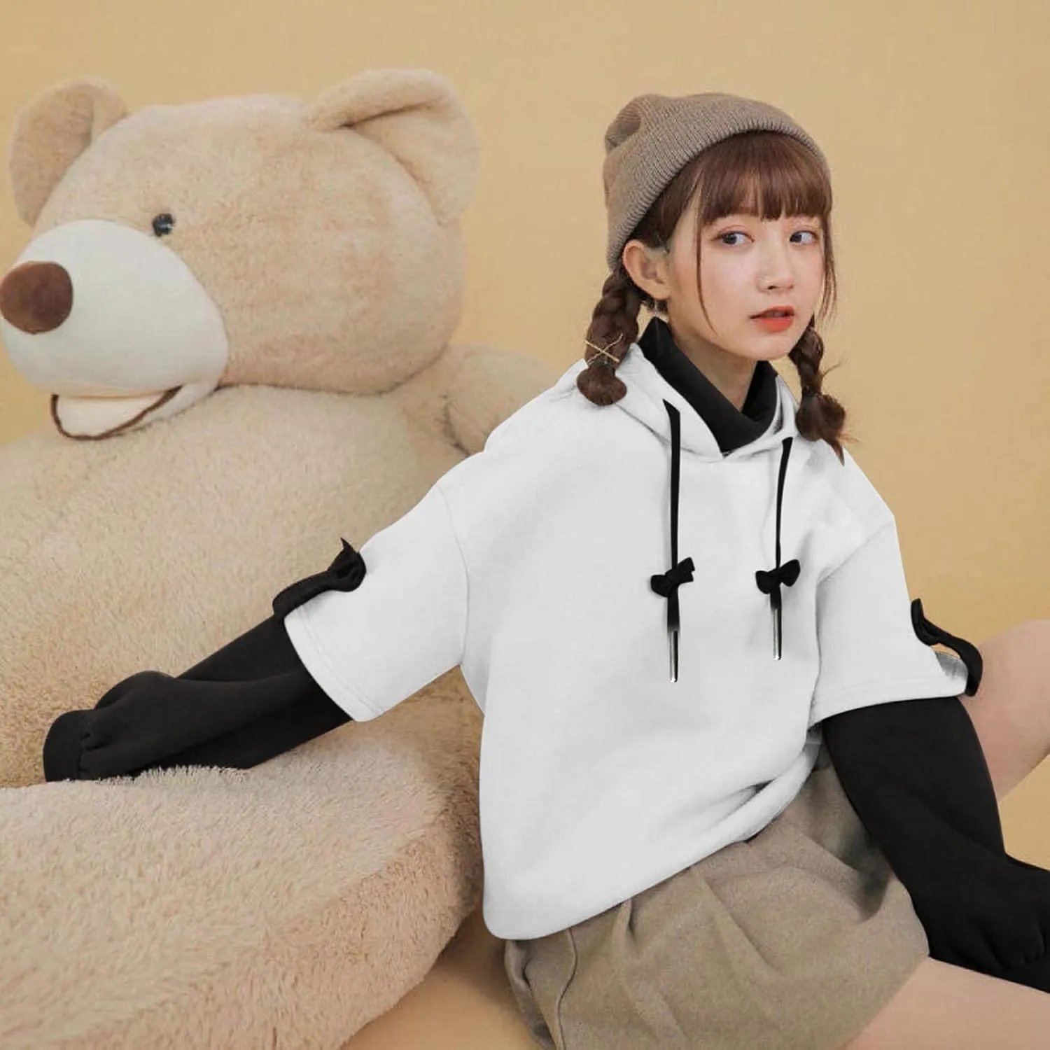 Wkishenl Cute Bear Hoodies for Womens Kawaii Clothes Long Sleeve Aesthetic Sweatshirts Patchwork Shirts with Personality Bag