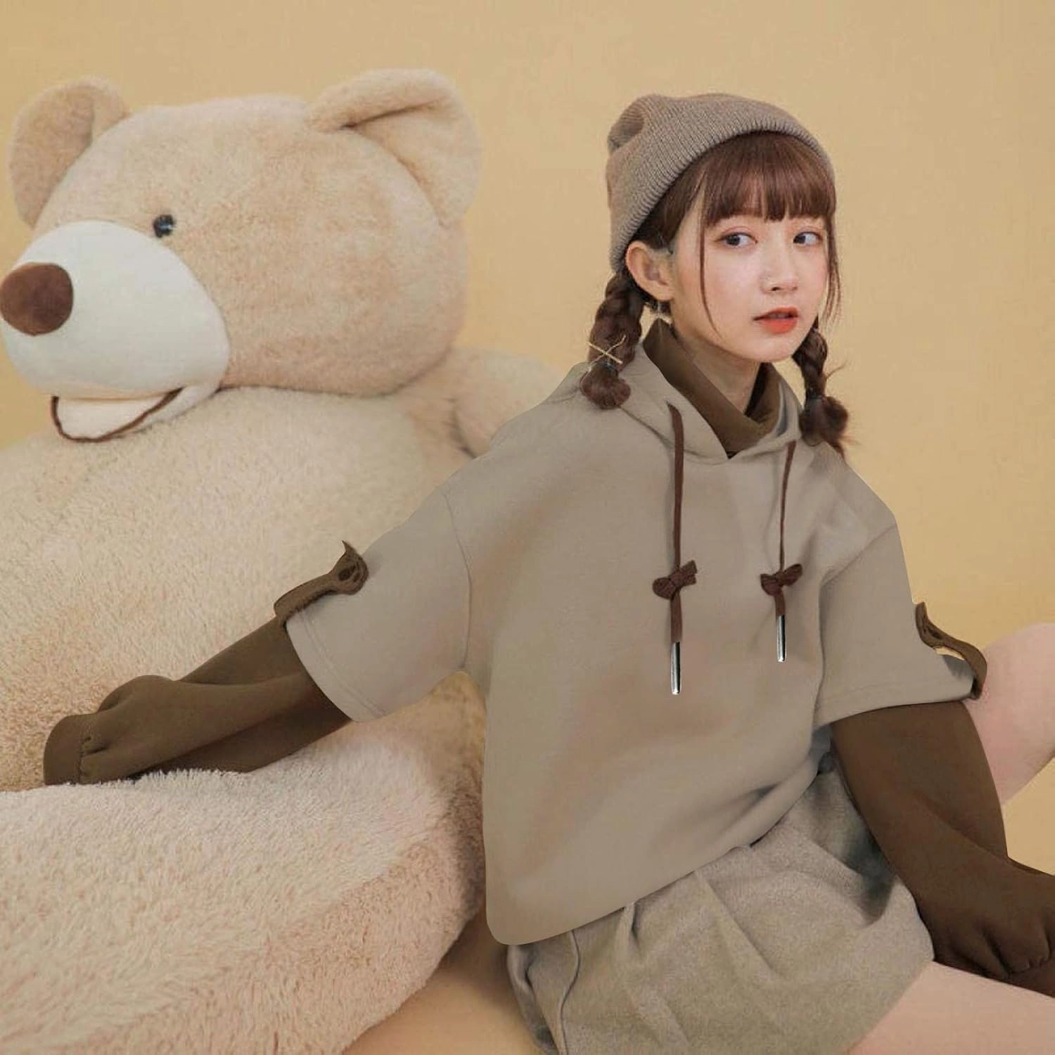 Wkishenl Cute Bear Hoodies for Womens Kawaii Clothes Long Sleeve Aesthetic Sweatshirts Patchwork Shirts with Personality Bag