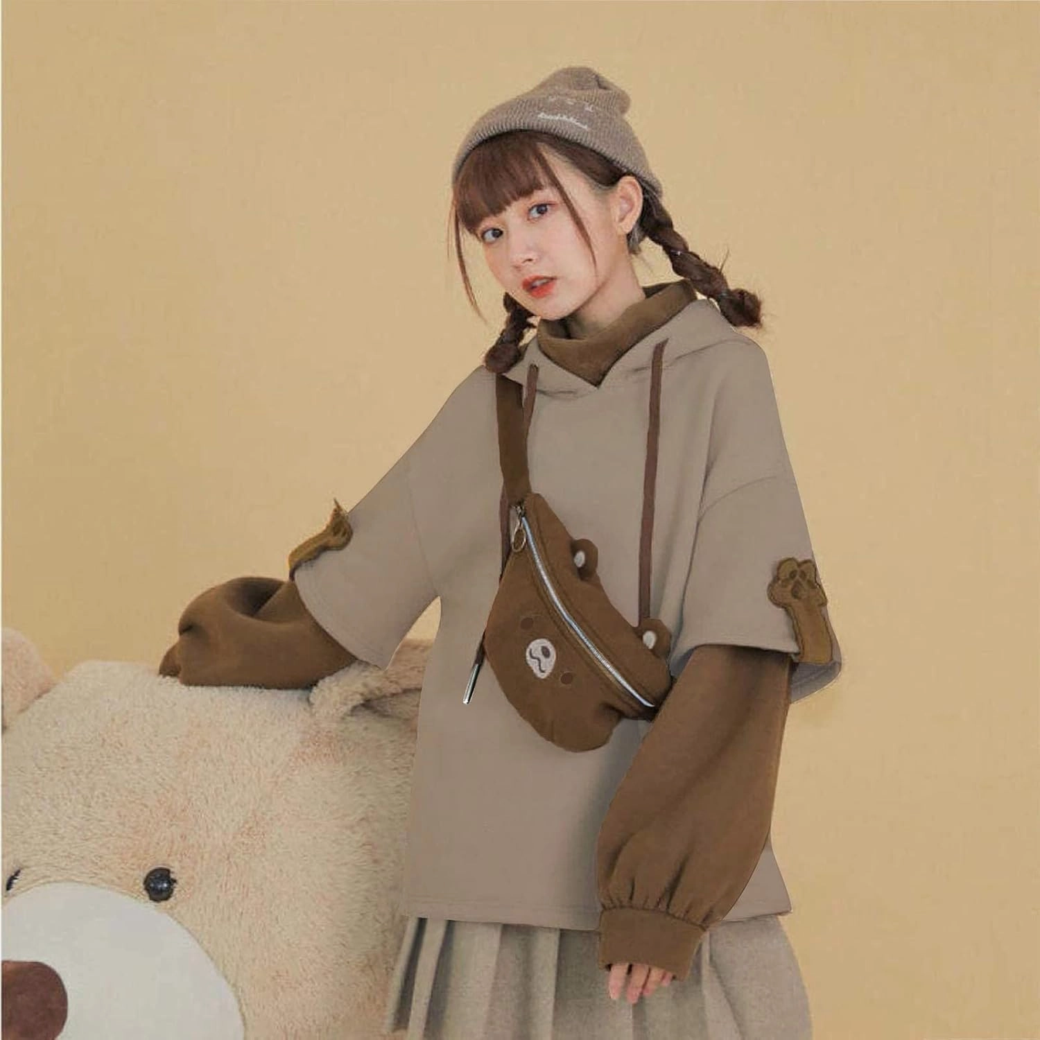 Wkishenl Cute Bear Hoodies for Womens Kawaii Clothes Long Sleeve Aesthetic Sweatshirts Patchwork Shirts with Personality Bag